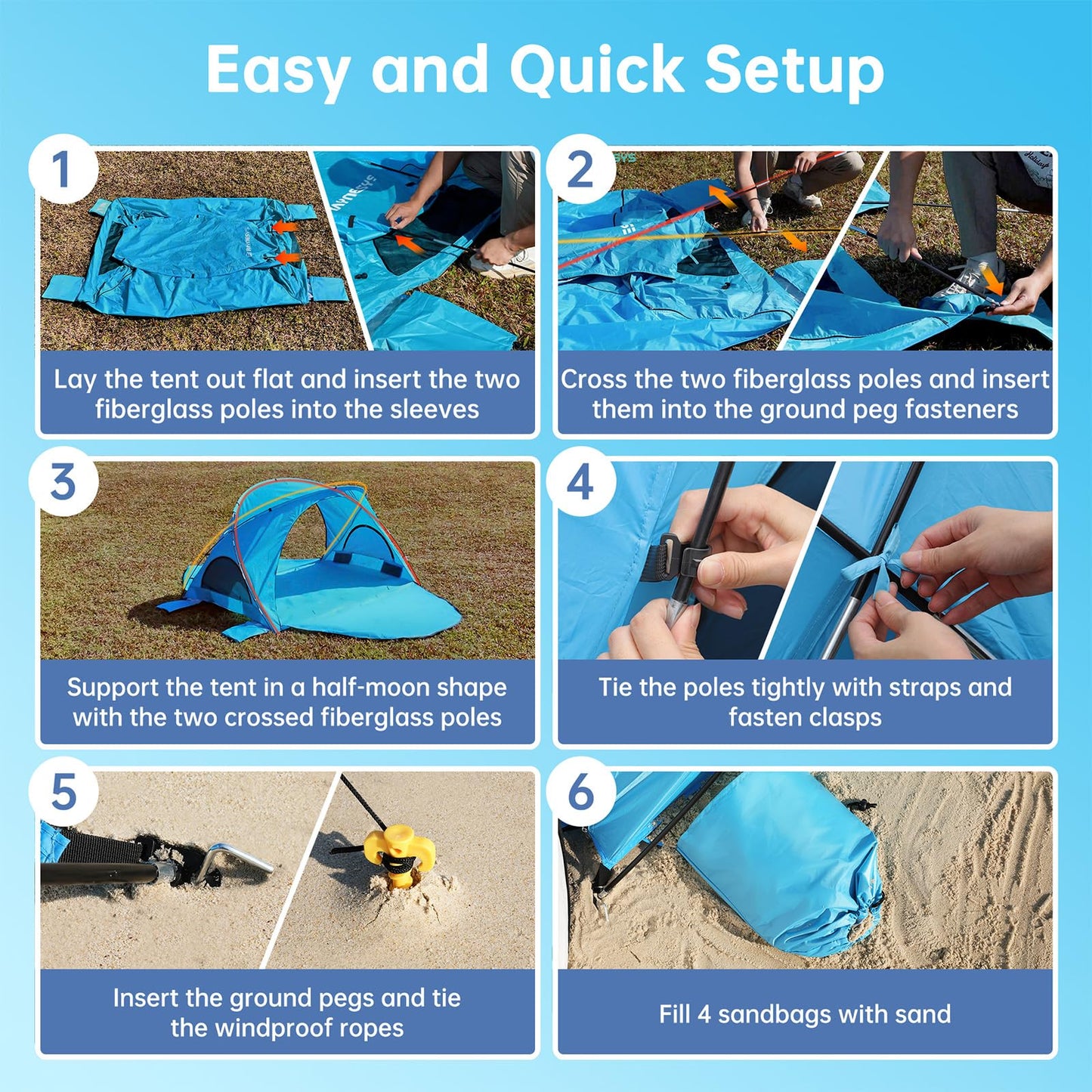 Raynesys Beach Tent Sun Shelter, Beach Shade Tent with UPF50+ UV Protection, Portable Sun Shelter for 1-3 Person, Shade Tents with 2 Zippered Doors for Sand Camping Fishing, Blue