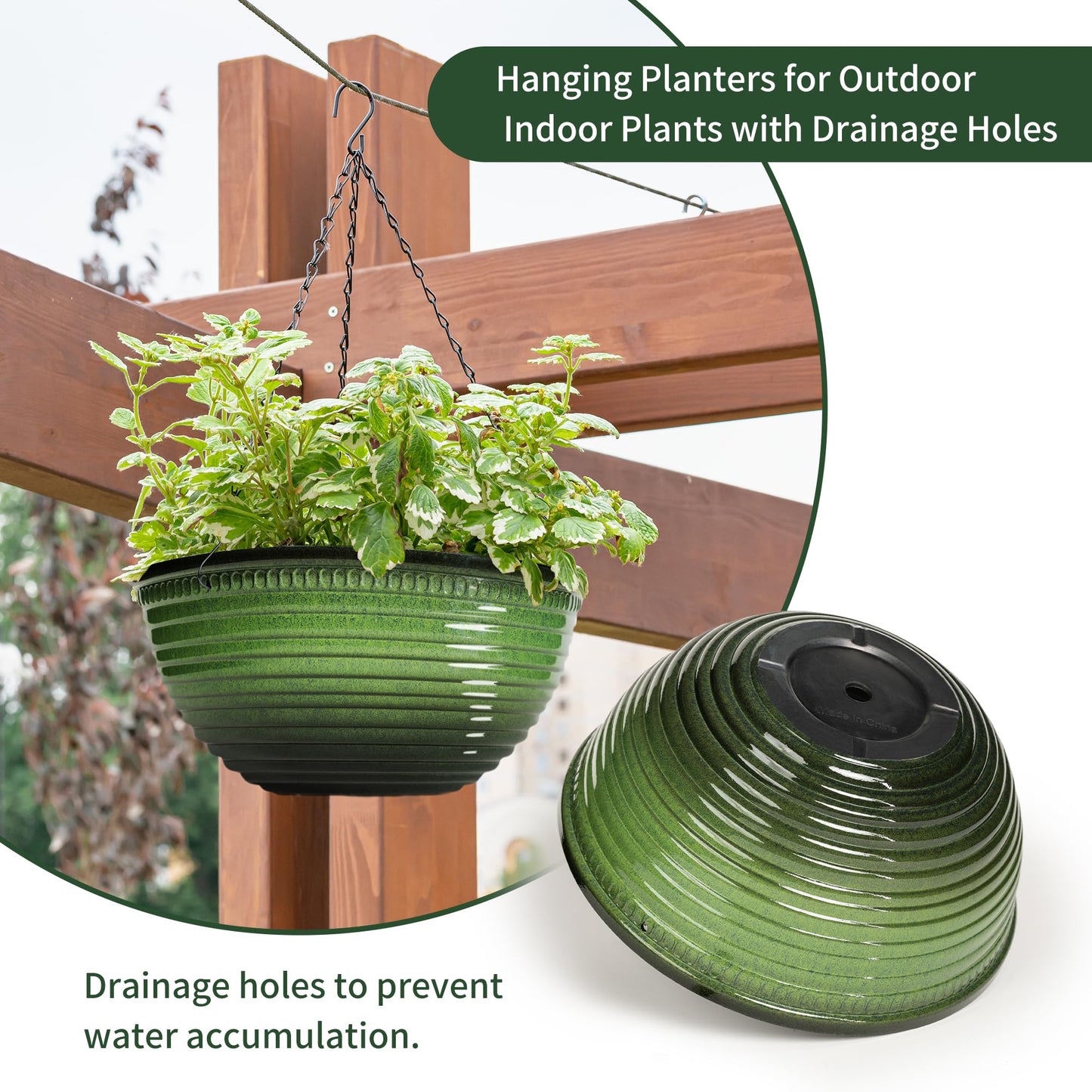Vanslogreen 12 inch Hanging Planters for Indoor Outdoor Plants, 2 Pack Large Hanging Flower Pots with Drainage Holes and Chain, Glazed Hanging Baskets for Home Garden Decoration, Green