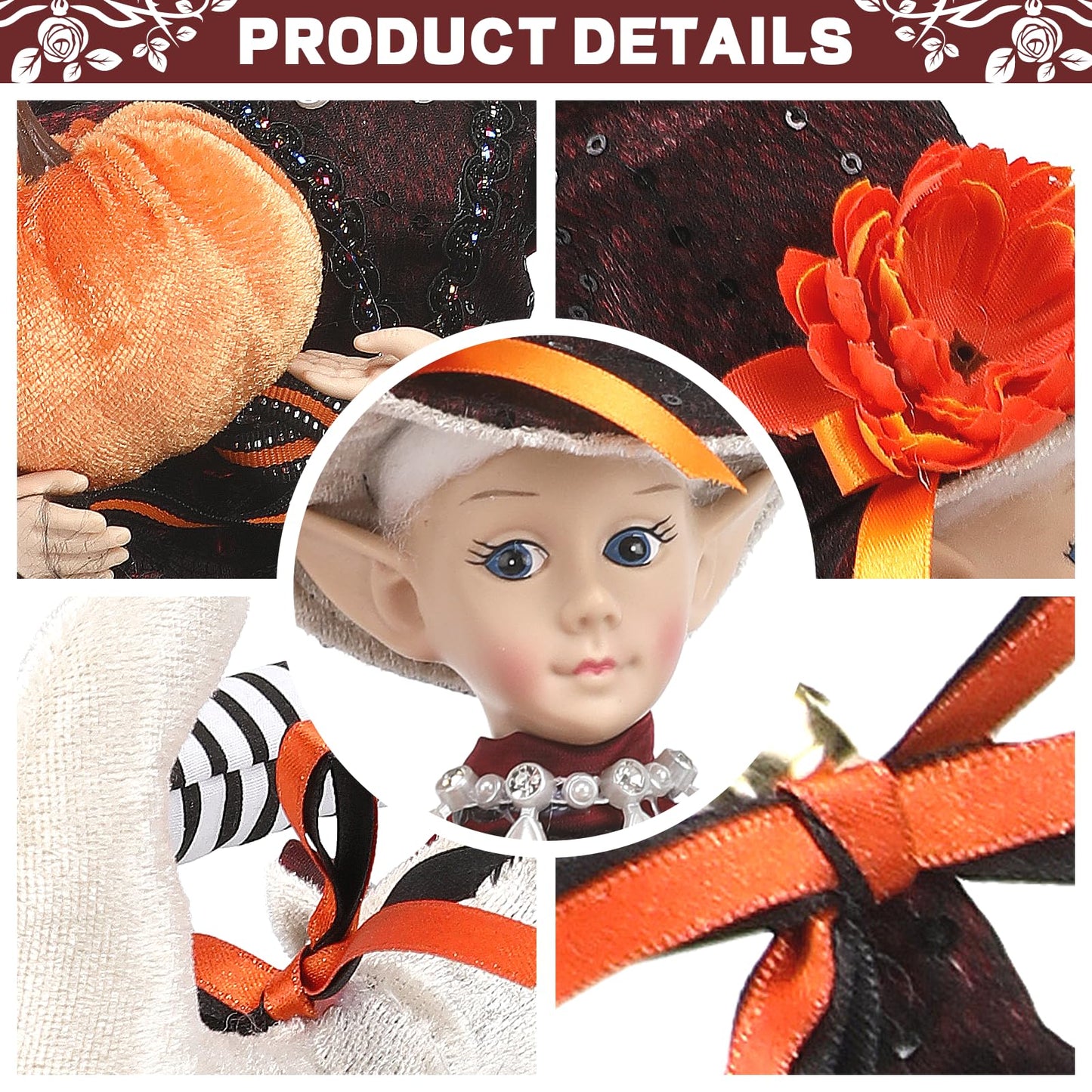 brableewear Halloween Fairy Elf Doll Posable Witch Sitting Doll Cute Elf Girl Holding Pumpkin Figurines Mantel Ornaments Home Decor