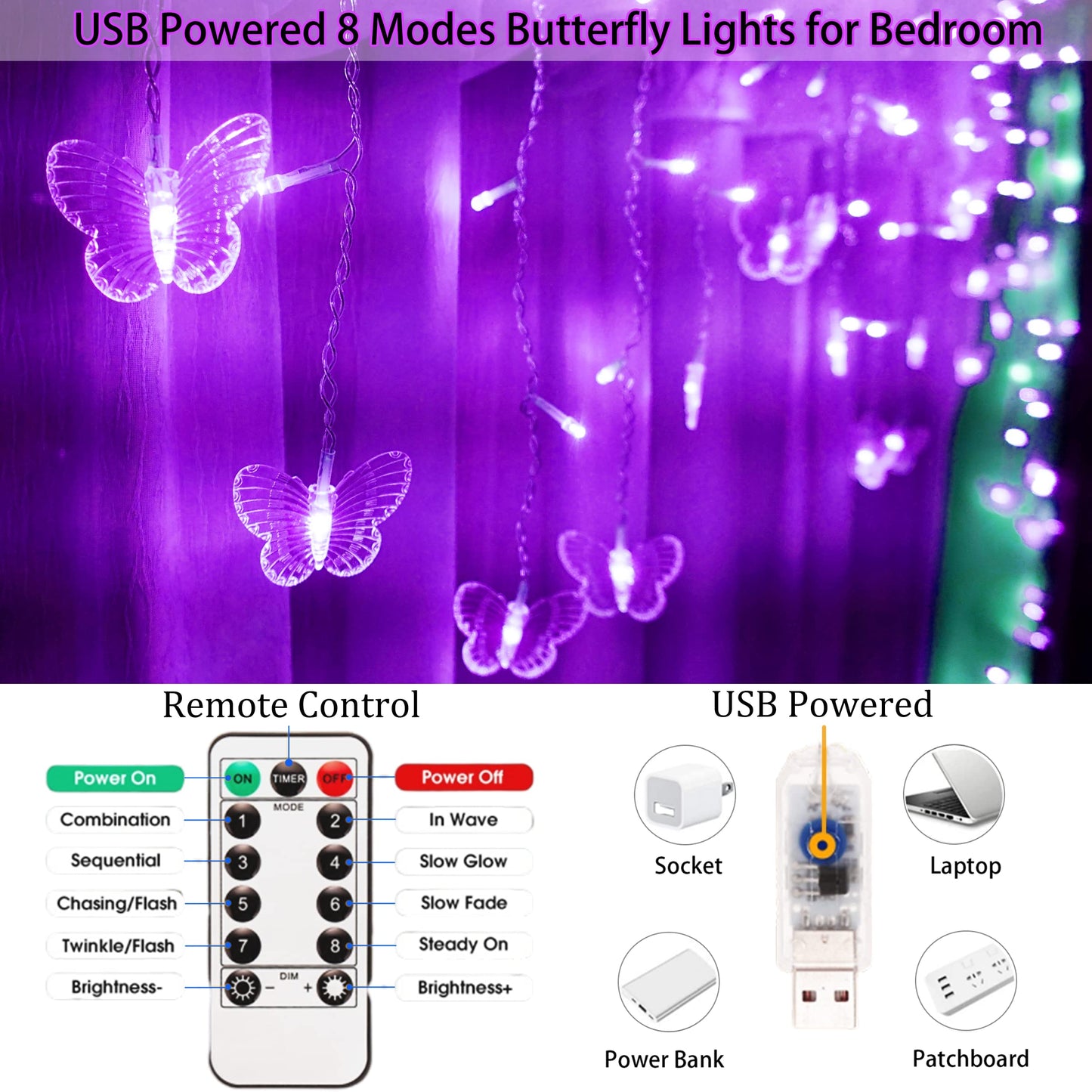 Purple Butterfly Curtain Fairy Lights USB Plug in,120 LED 8 Modes 20FT Firefly Twinkle Icicle String Lights with Remote Timer Waterproof for Halloween Bedroom Christmas Wedding Party Dorm