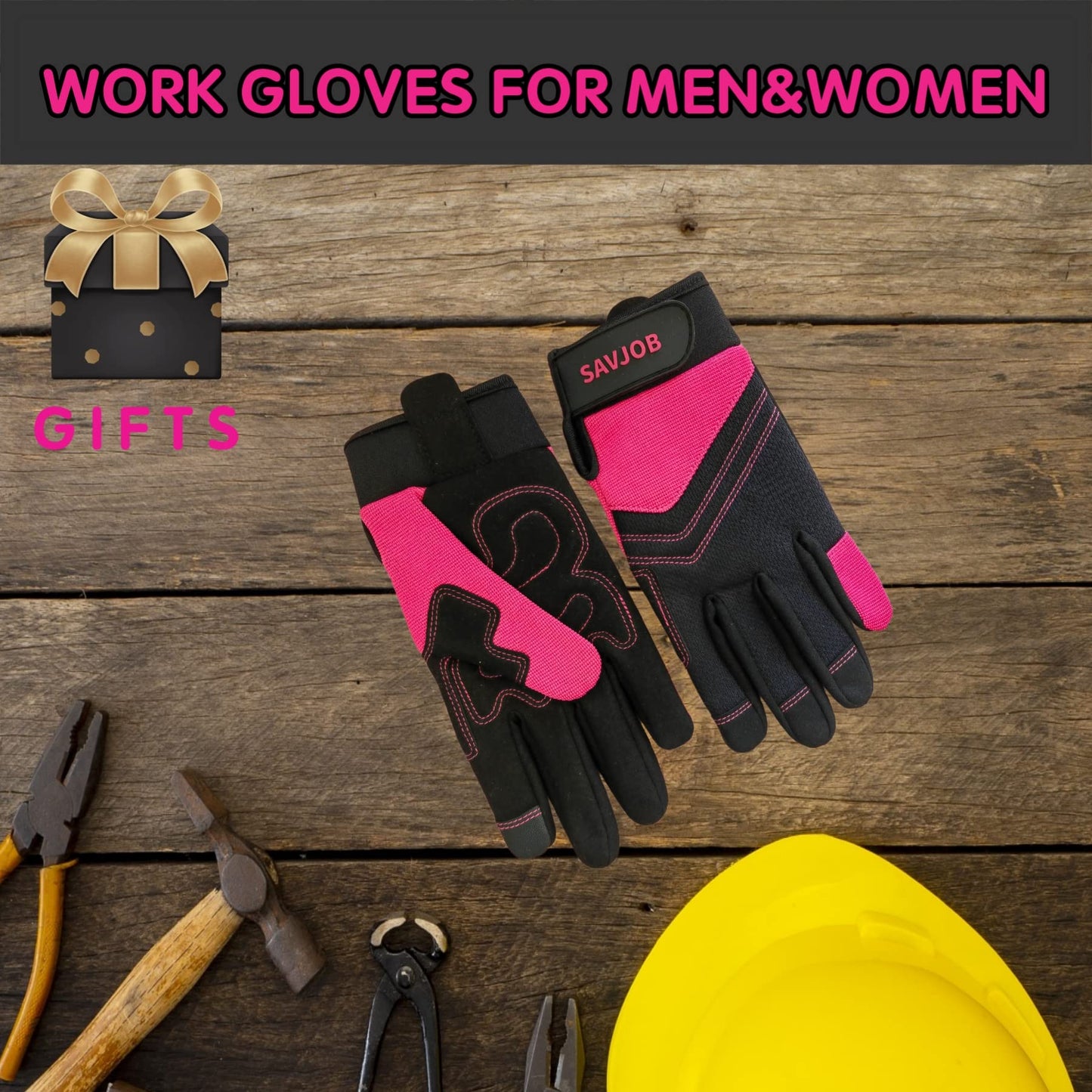 SAVJOB Utility Work Gloves for Men&Women,Mechanic Glove,Outdoor Yard,Performance Fit,Touchscreen,Pink,Medium
