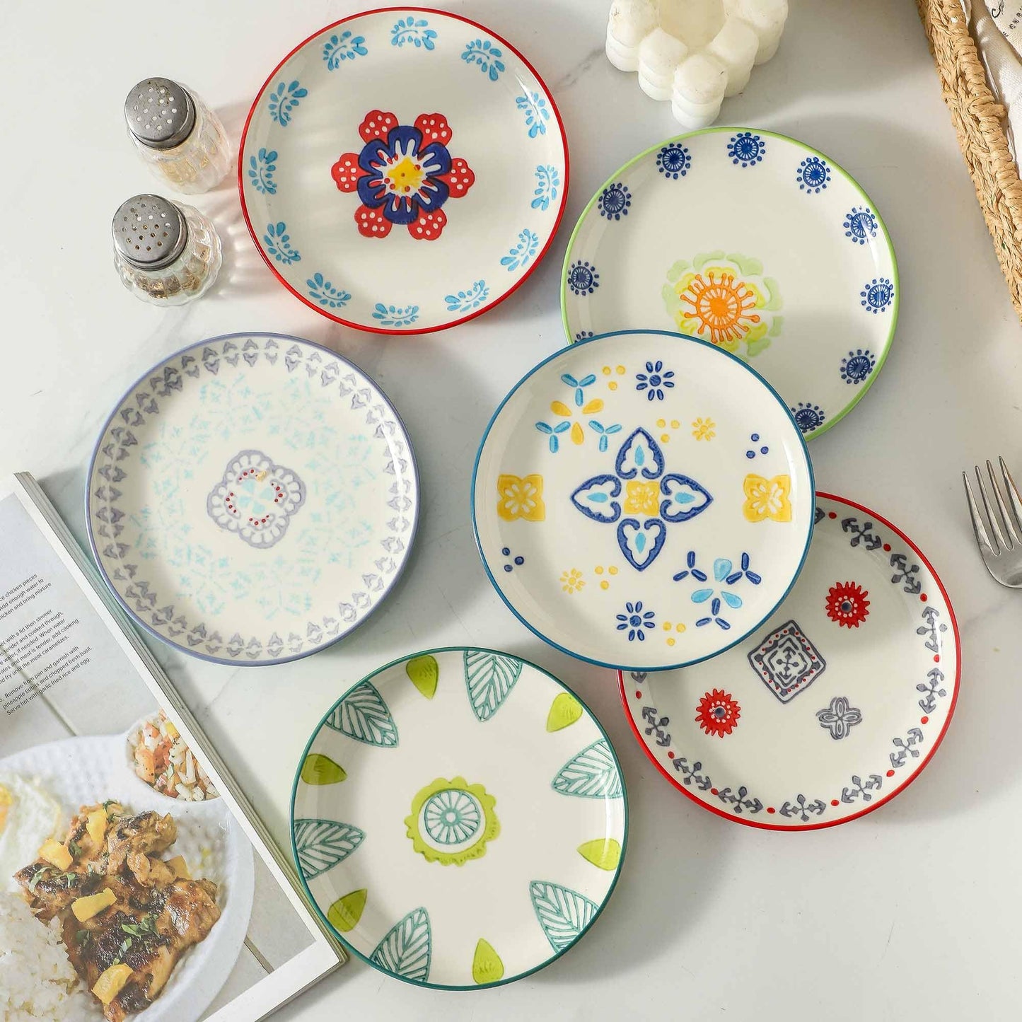 UniqueLife Hand-Painted 6 Inch Dessert Plates Set of 6, Mixed Design Ceramic Appetizer Snack Salad Plates, Microwave Dishwasher Oven Safe Small Plates for Cake Bread Fruit, Gift-Ready -Mixed