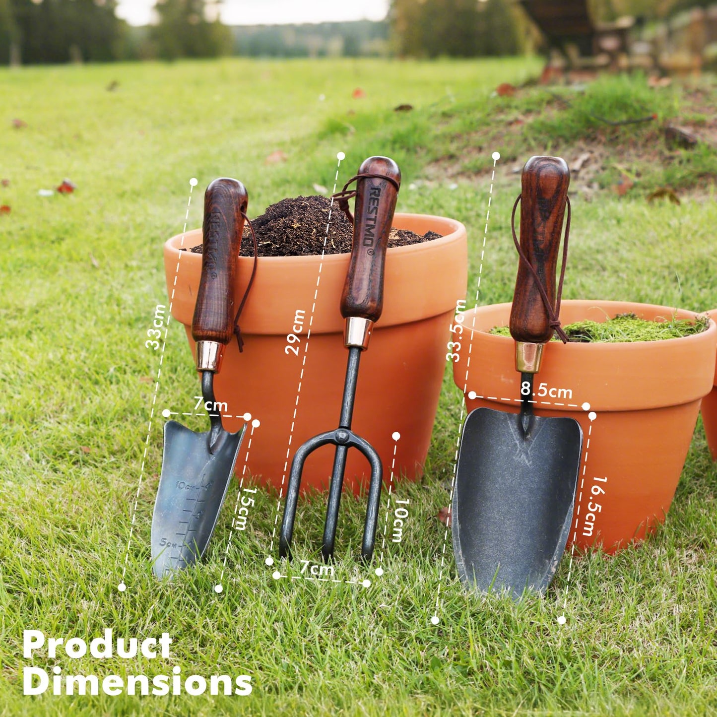 RESTMO 3-in-1 Heavy Duty Gardening Tools Kit, Premium Carbon Steel Garden Hand Tools with Ergonomic Wooden Handle Includes Trowel, Transplanter, and Cultivator, Ideal Gardening Gifts for Gardener