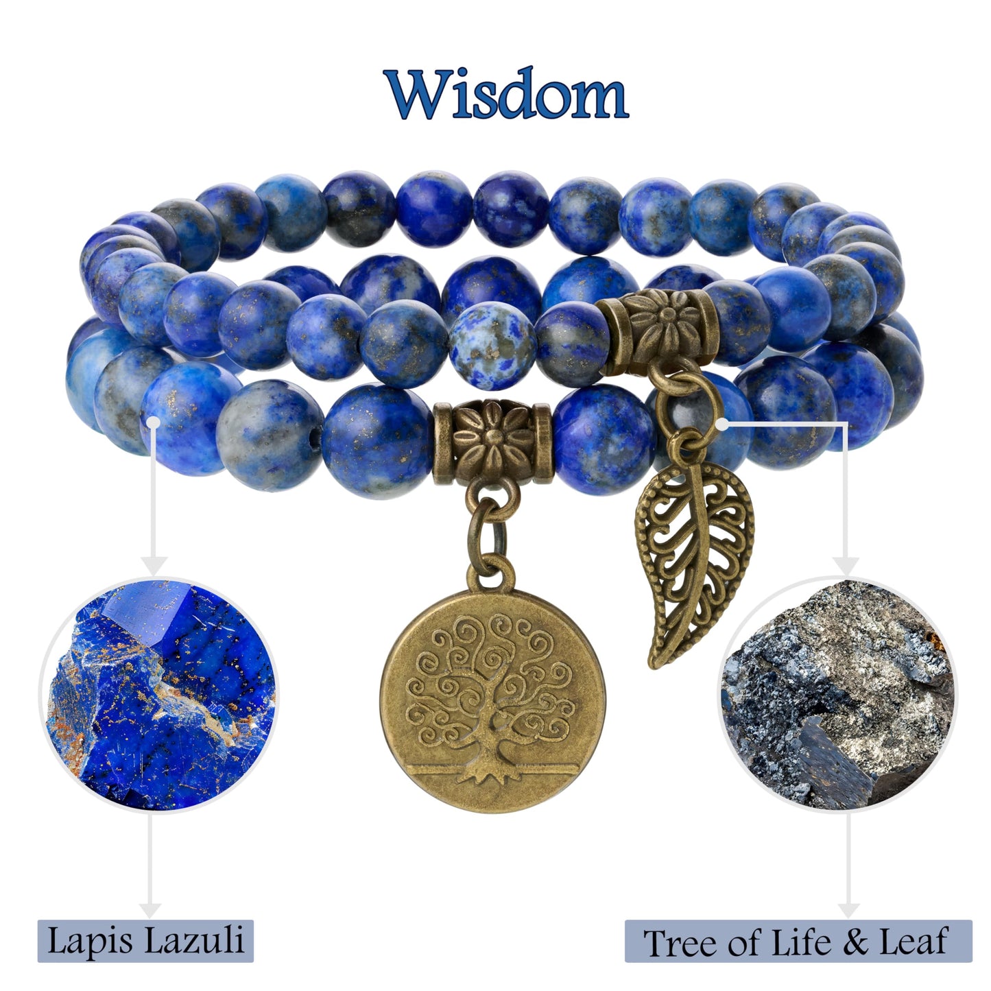 Bivei Natural Semi Precious Gemstone Beads Bracelet for Women - Life Tree and Leaf Charm Chakra Energy Anxiety Stretch Bracelets(Lapis Lazuli Bracelet Set)