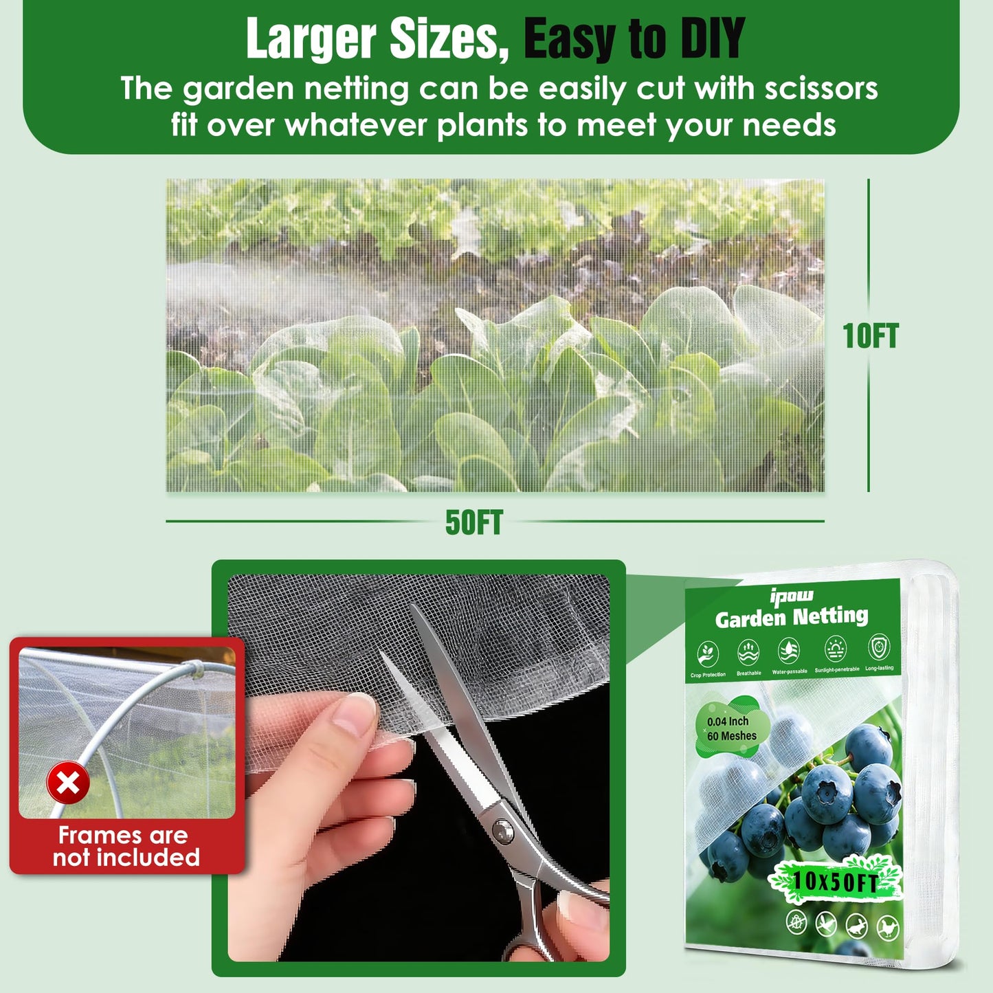 10 X 50FT Garden Mesh Netting Ultra Fine Mesh Netting Pest Barrier for Raised Beds, Mosquito Insect Bug Bird Netting for Blueberry Bushes Strawberry Fruits Vegetables Flowers Plants Cover Protection