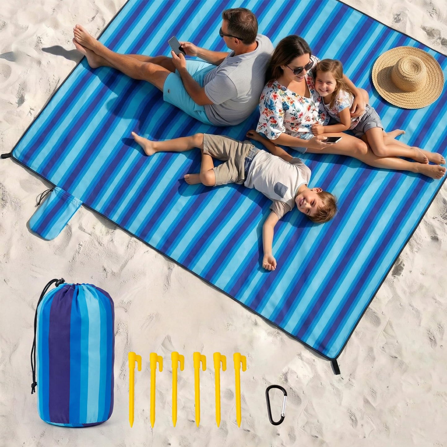 Beach Blanket Sandproof - Oversized Extra Large Waterproof Beach Mat for 3-4 People, Lightweight Sand Free Mat for Summer Vacation with 6 Stakes & 4 Corner Pockets for Beach, Camping 7x7ft Blue Stripe