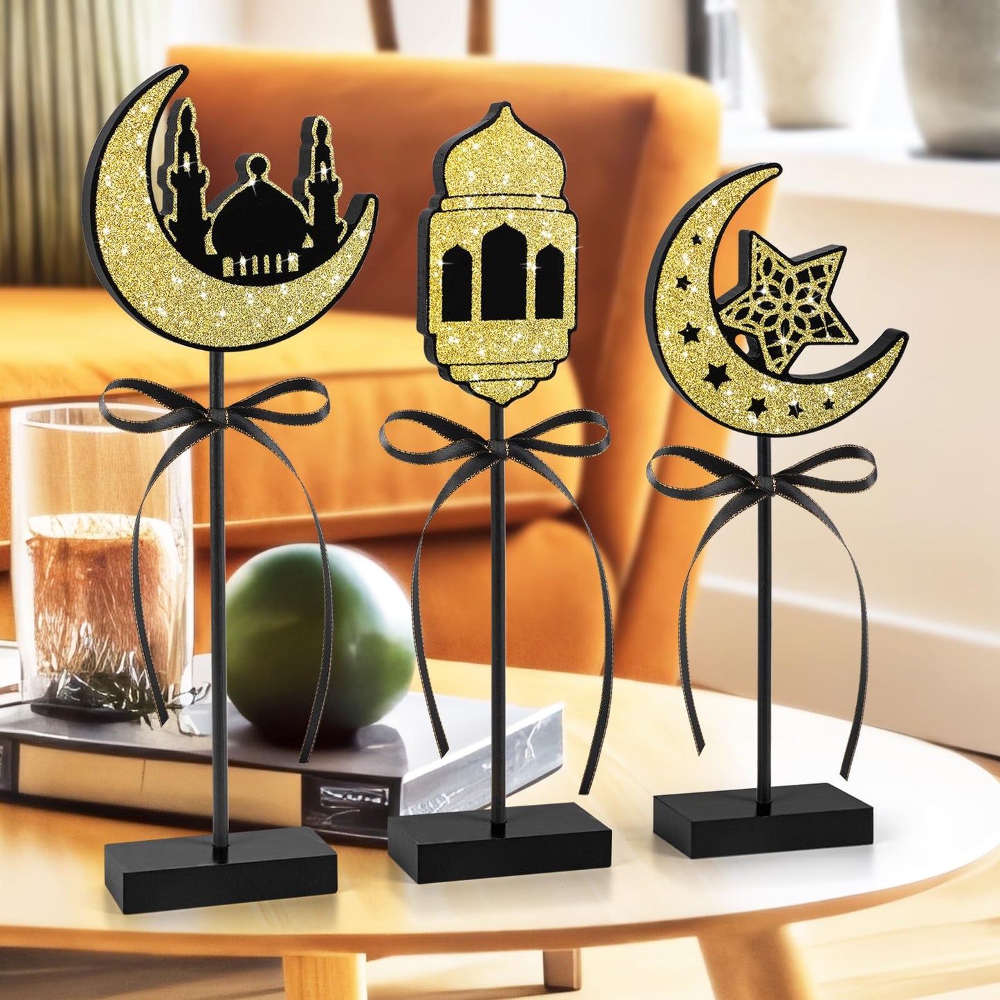 3 Pieces Ramadan Decorations Eid Mubarak Table Decor Wooden Set, Islamic Ramadan Tiered Tray Decor for Muslim Party Tabletop Decor Home (Shiny)