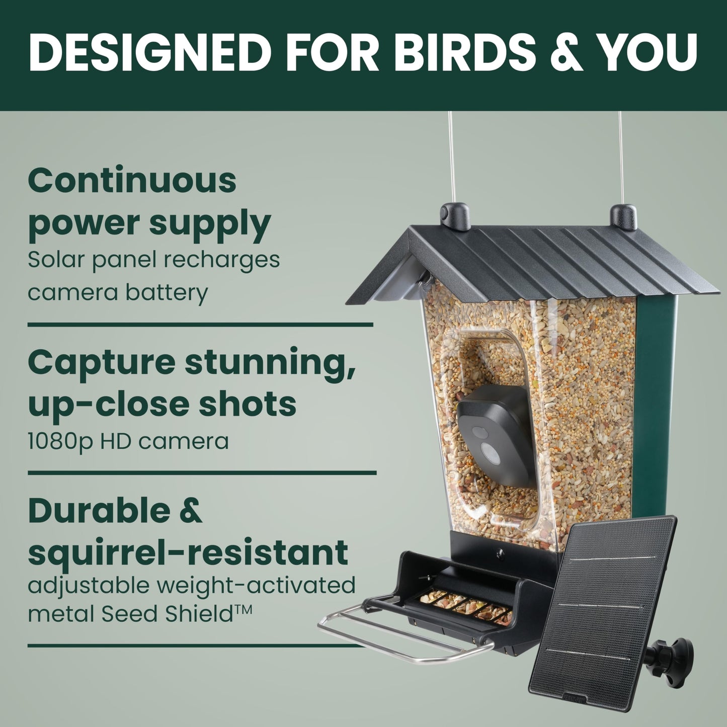 Perky-Pet Solar Powered Smart Bird Feeder with Camera - Squirrel-Resistant, 3.2L Capacity, Motion Activated 1080p HD WiFi Live Stream Camera, SPCAM, SPCAMSLR - Camera Feeder Gift Idea, Forest Green