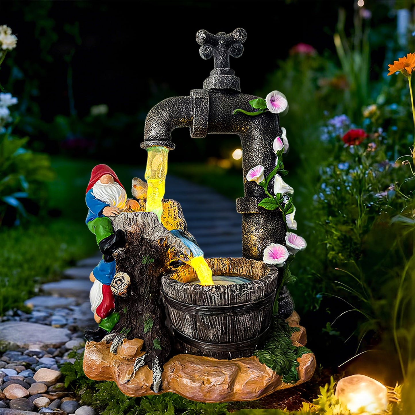 QCF Solar Garden Gnomes Statues Outdoor Yard Decorations, 10" Resin Fountain Gnome Outside Christmas Art Decor for Lawn Patio Porch Backyard,Unique Housewarming Gifts for Women Mom Grandma