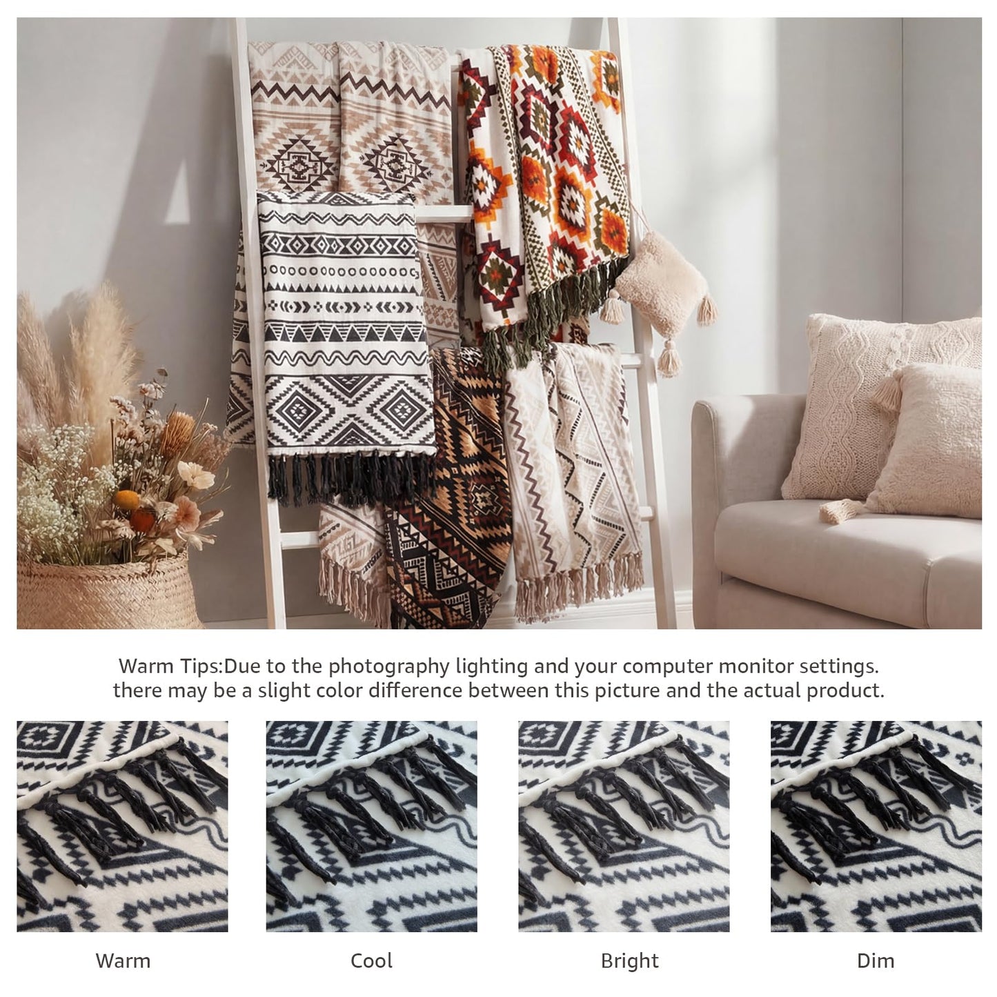 Boho Throw Blanket for Couch - Farmhouse Rustic Soft Blanket with Tassel, Western Aztec Vintage Blanket, Bohemian Cozy Blanket, Gifts for Women(50x60 Inches, Black and White)