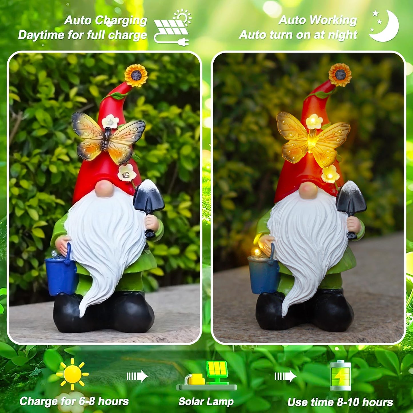 Arecyuer Spring Gnomes Garden Statues Decor, Solar Waterproof Large Gnome with LED Lights Funny Garden Sculptures Outdoor Patio Yard Decorations Lawn Ornaments Gifts for Women Mom