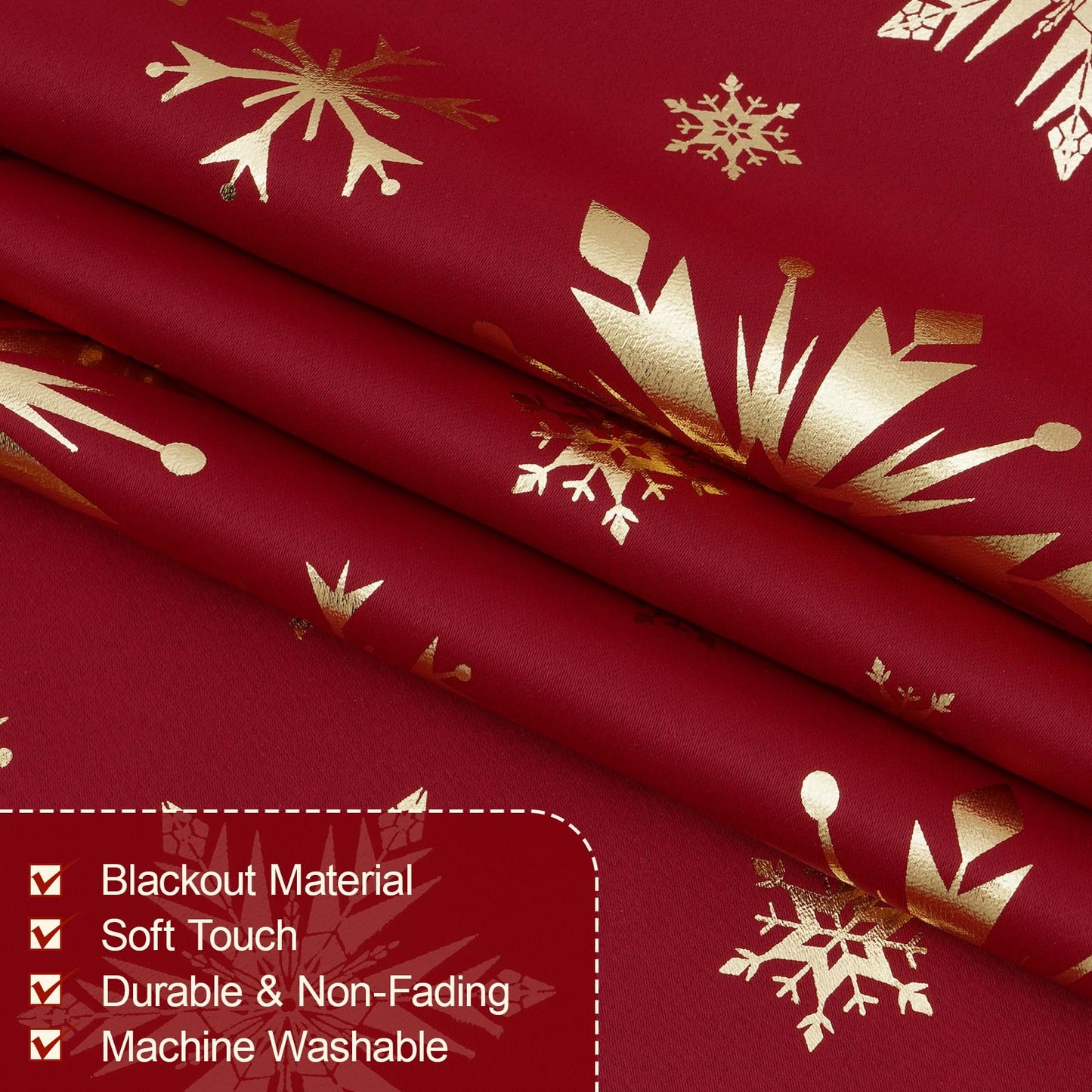 FRAMICS Christmas Curtains for Living Room and Bedroom - Gold Snowflake Foil Print, Blackout, Red, 84 Inch Length, 2 Panels Set, Grommet Window Curtains for Winter