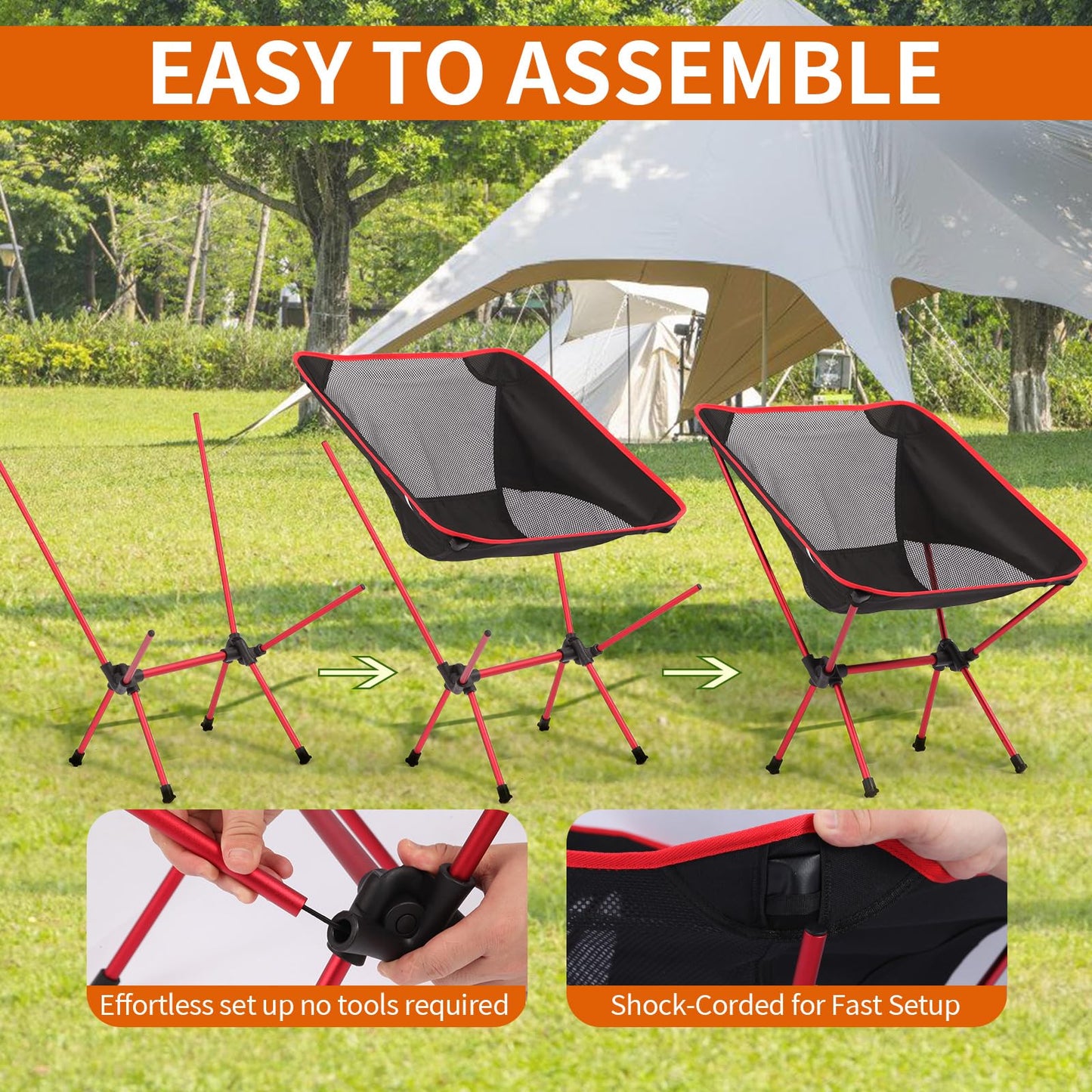 Veathzet Ultralight Camping Chair, Foldable Portable Camping Chair with Breathable Nylon Mesh, Compact Design & Carry Bag for Hiking, Backpacking, Beach, Concerts (Black&red)