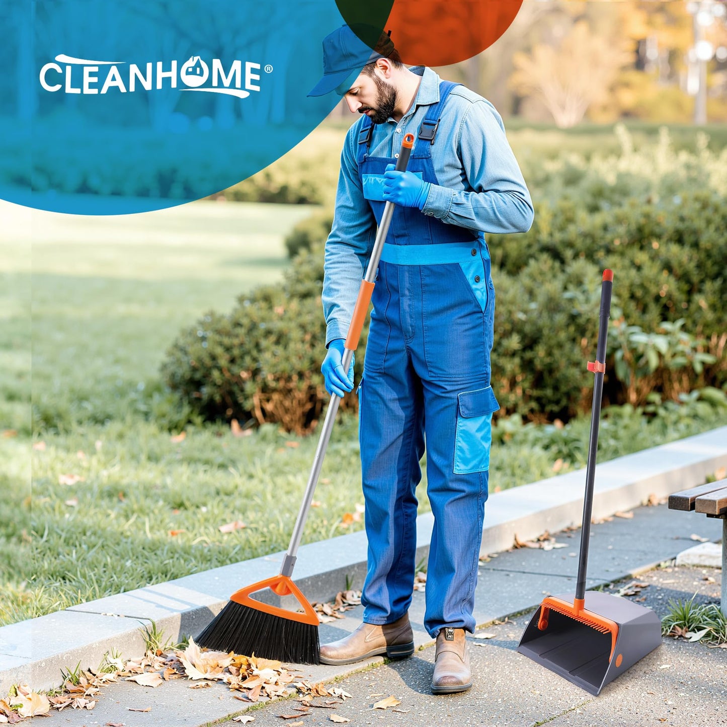 CLEANHOME Heavy Duty Outdoor Broom and Dustpan Set with Long Handle, Standing Dustpan & Split-End Bristles for Patio, Garage, Deck, Leaves Debris Cleaning