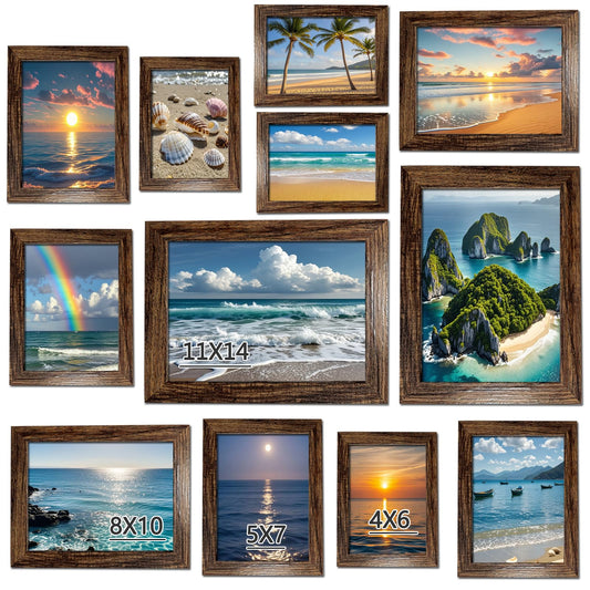 xnlkros 12 pack assorted gallery wall picture frame,rustic farmhouse wood picture frames multiple sizes including 4x6, 5x7, 8x10, 11x14, Ideal for living room hanging or tabletop display,Dark Brown
