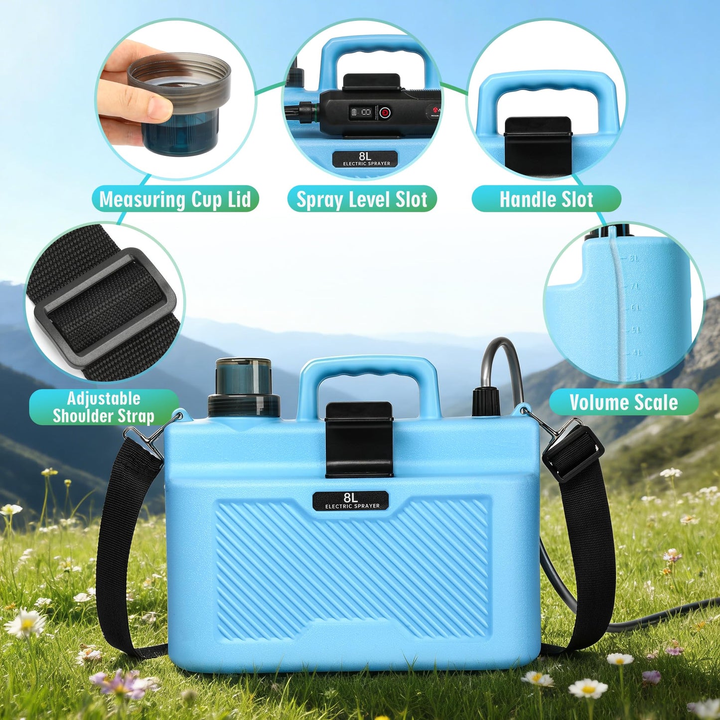 Battery Powered Sprayer 2 Gallon, 7.4V Powerful Electric Garden Sprayer, Rechargeable Weed Yard Lawn Sprayers with 4 Mist Nozzles, Retractable Wand, Adjustable Shoulder Strap