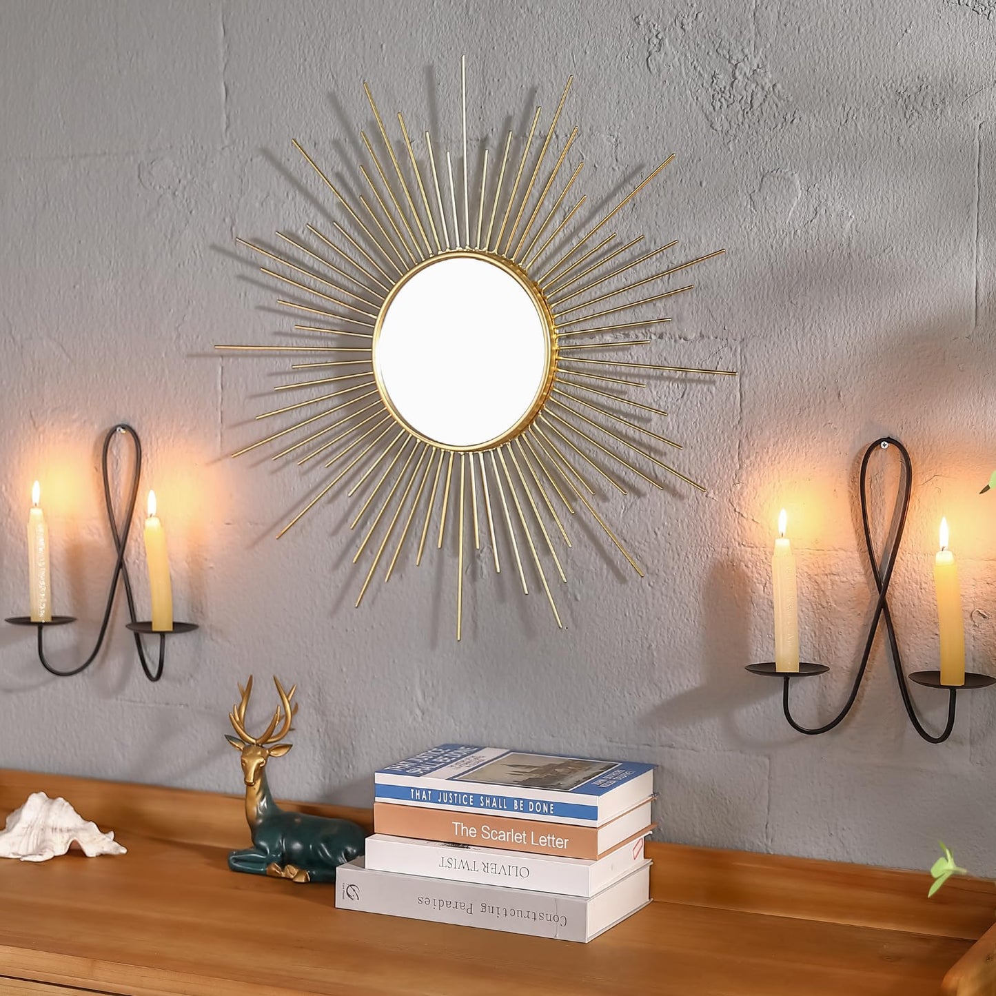 24'' Large Gold Sunburst Mirror, Metal Starburst Mirrors, Mid-Century Modern Sun Mirror Wall Decor for Living Room, Bedroom, Bathroom, Hallway, and Entryway