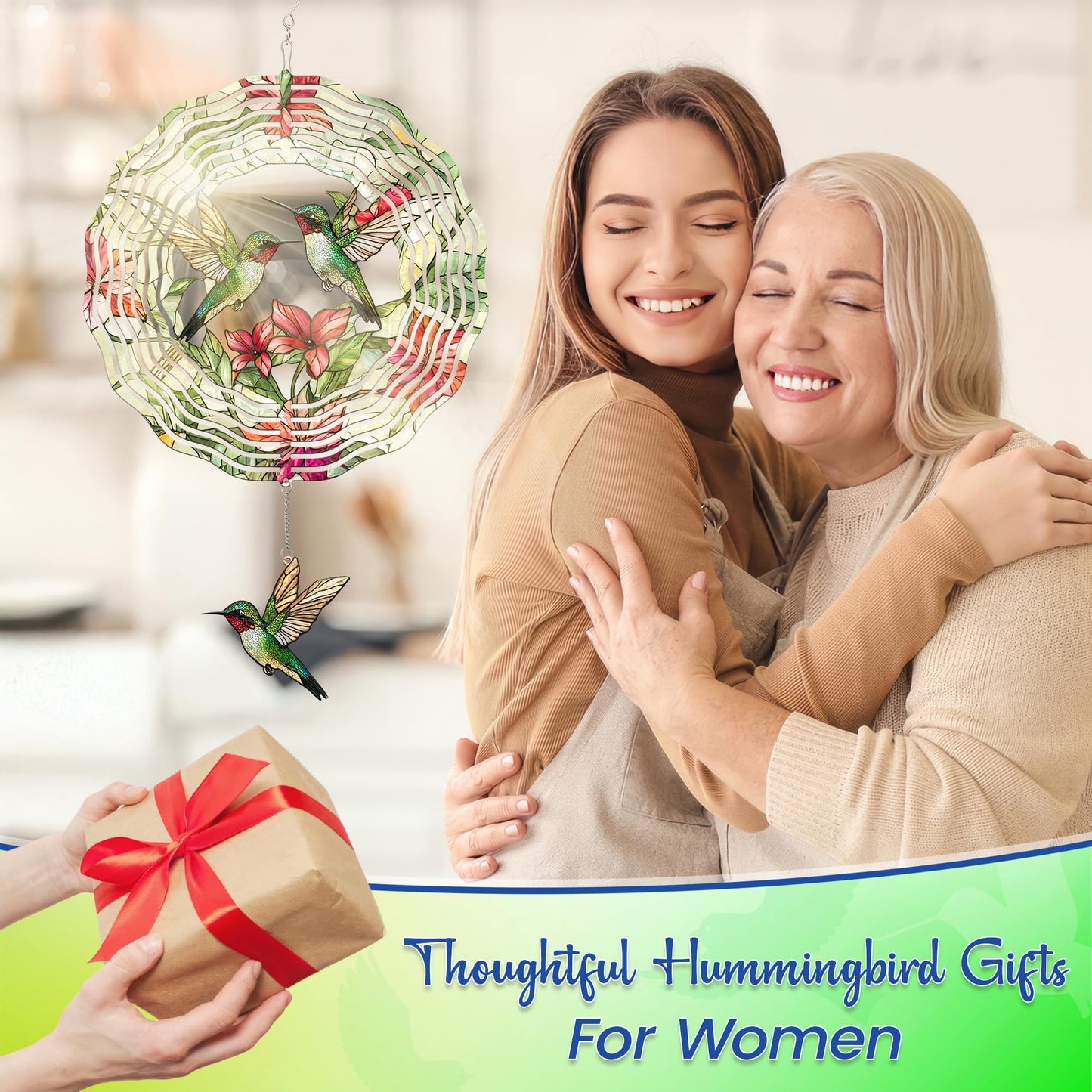 FLAGWIX Hummingbird Gifts for Women - 3D Stainless Steel Metal Wind Spinners 12in - Hummingbird Wind Spinner Yard Decorations Outdoor Indoor Hanging Garden Decor, Mothers Day Birthday Gift For Grandma