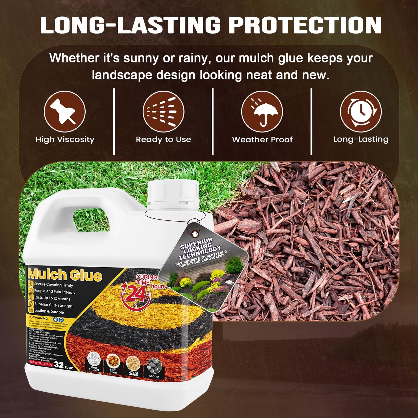 Mulch Glue - 32 OZ Rubber Mulch for Landscaping, Pet Safe Rock Glue, Ground Coverage Gravel Glue, Stone Sealer, Mulch Adhesive for Pathway, Patio, Plants, Fast Dry Non-Toxic No Mixing Required
