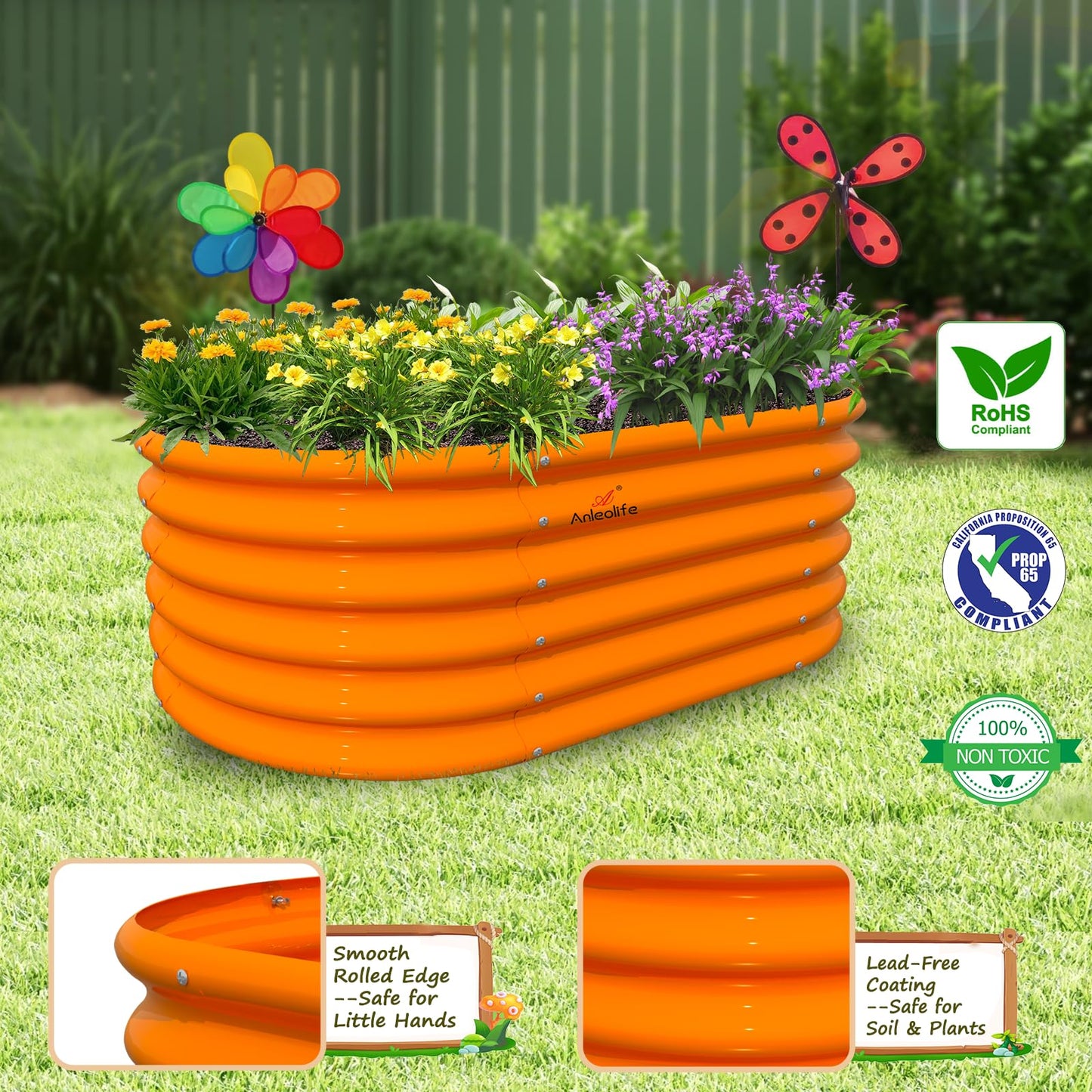 A ANLEOLIFE Kids Mini Raised Garden Beds Outdoor (3-Pack)-40x24x18in Oval Round Galvanized Metal Planter Box for Planting Vegetables, Flowers, Fruits, Eco-Safe & Easy Setup, Peach Orange