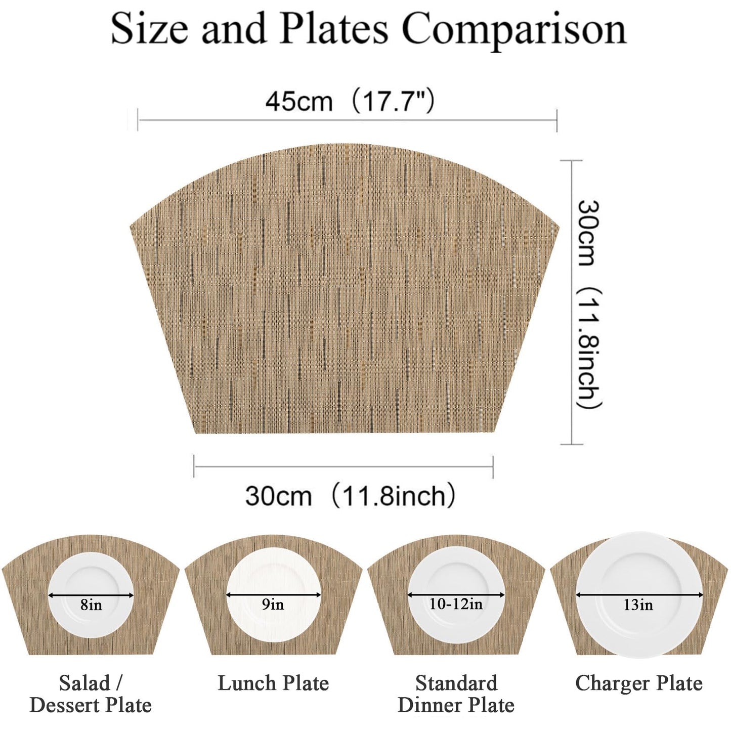 SHACOS Wedge Shape Placemats Set of 4 Woven Vinyl Placemat for Round Table Curved Place Mats Wipe Clean Kitchen Dining Table Mats (4, Tan)