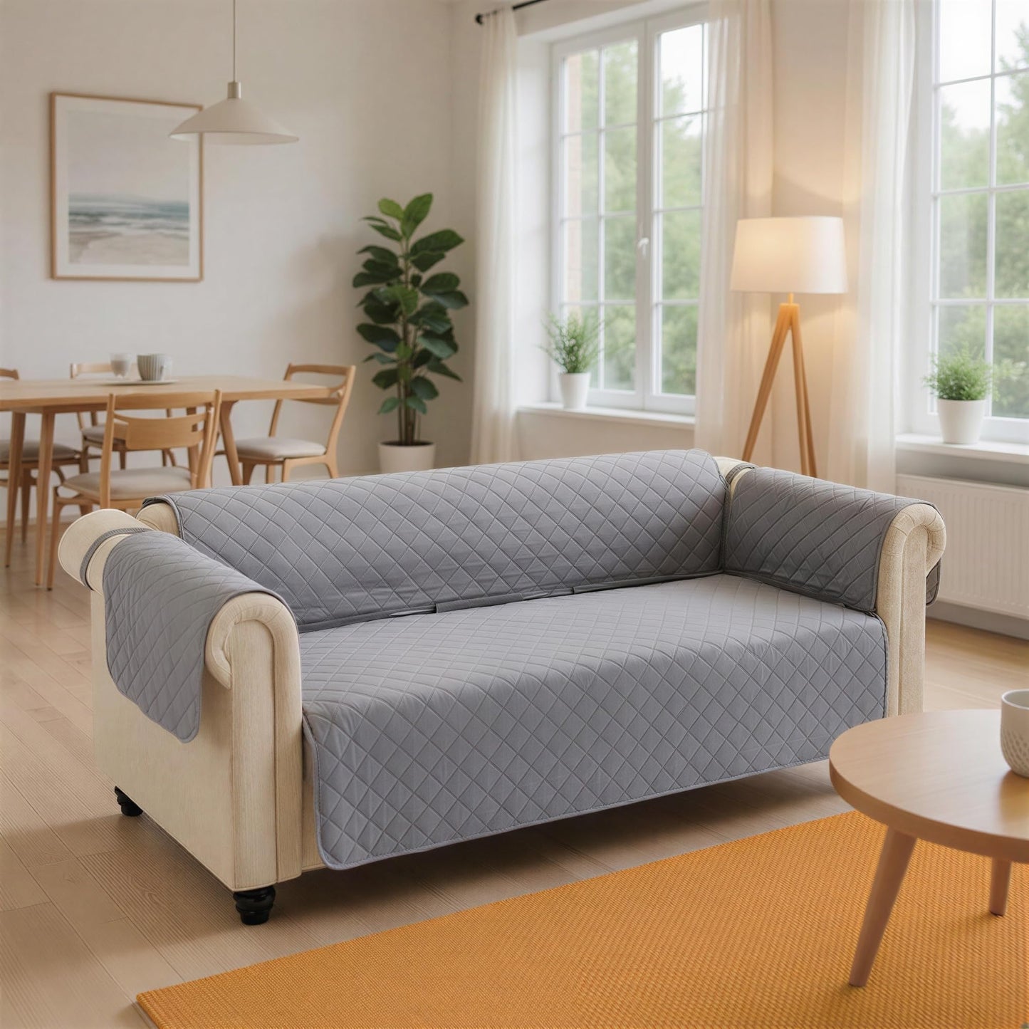 Amazon Basics Quilt Reversible Sofa Slipcover, Three seat Sofa, Large, Gray/Light Gray