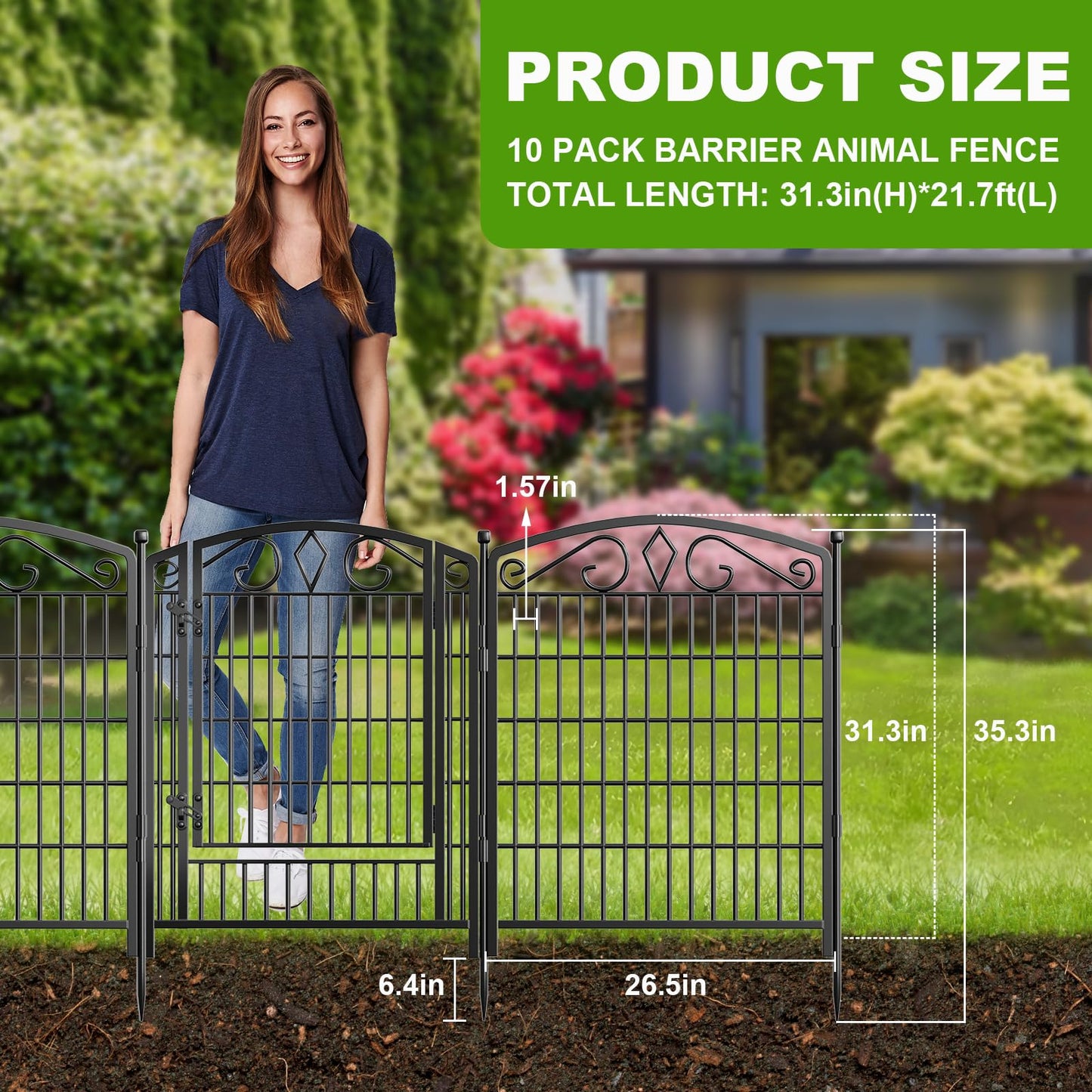 10 Panels No Dig Decorative Garden Fence with Gate, GATKITOM 31.3in(H) x 21.7ft(L) Rustproof Animal Barrier Metal Dog Fence Outdoor for Yard, Patio, Temporary Garden Fencing with Ground Stakes