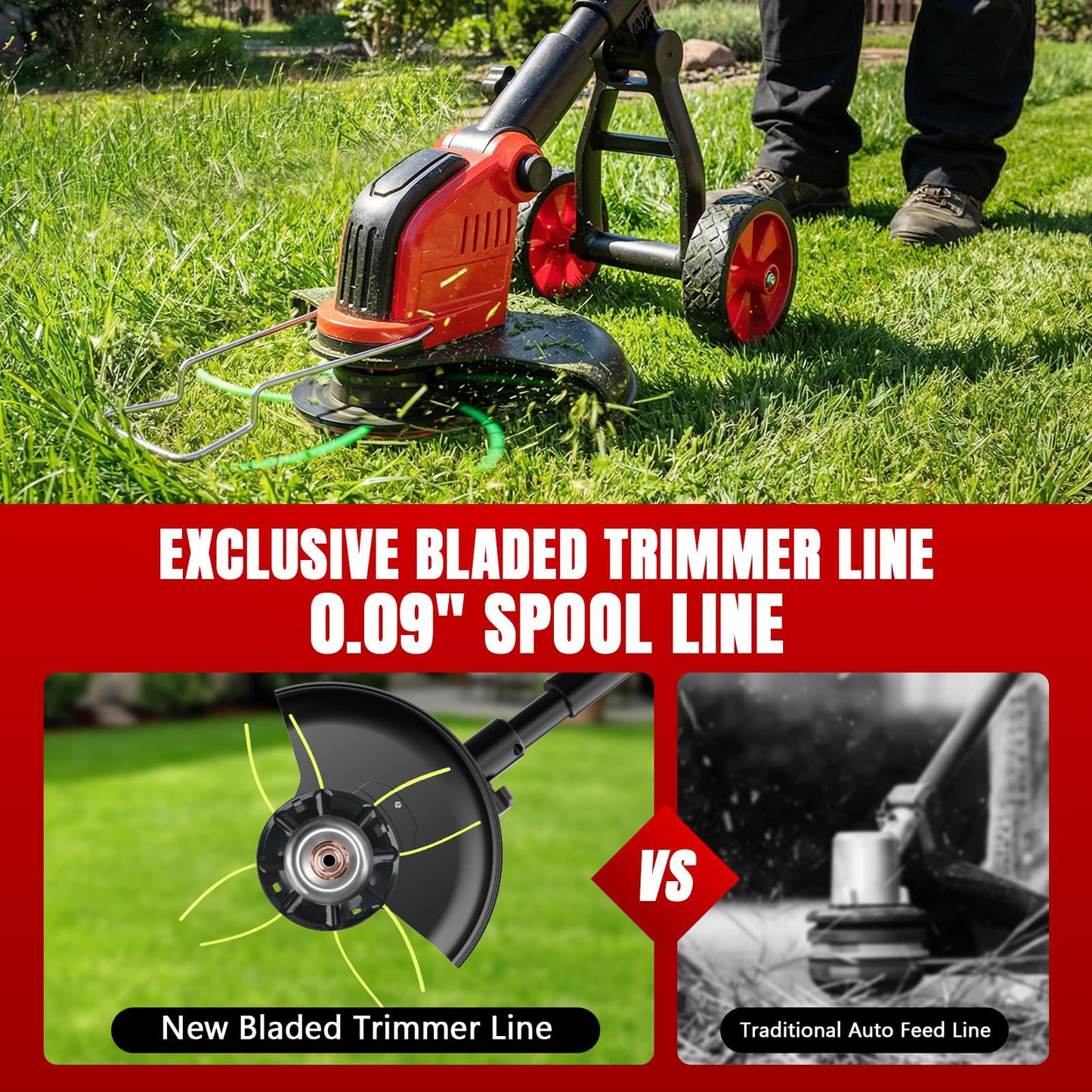 6000mAh Electric Weed Eater Battery Powered,12″ Brushless Electric Weed Wacker Cordless Wheeled String Trimmer,4 in 1 Grass Trimmer/Brush Cutter/Grass Edger/Weed Trimmer 5 Blade, 2 Battery (Red)