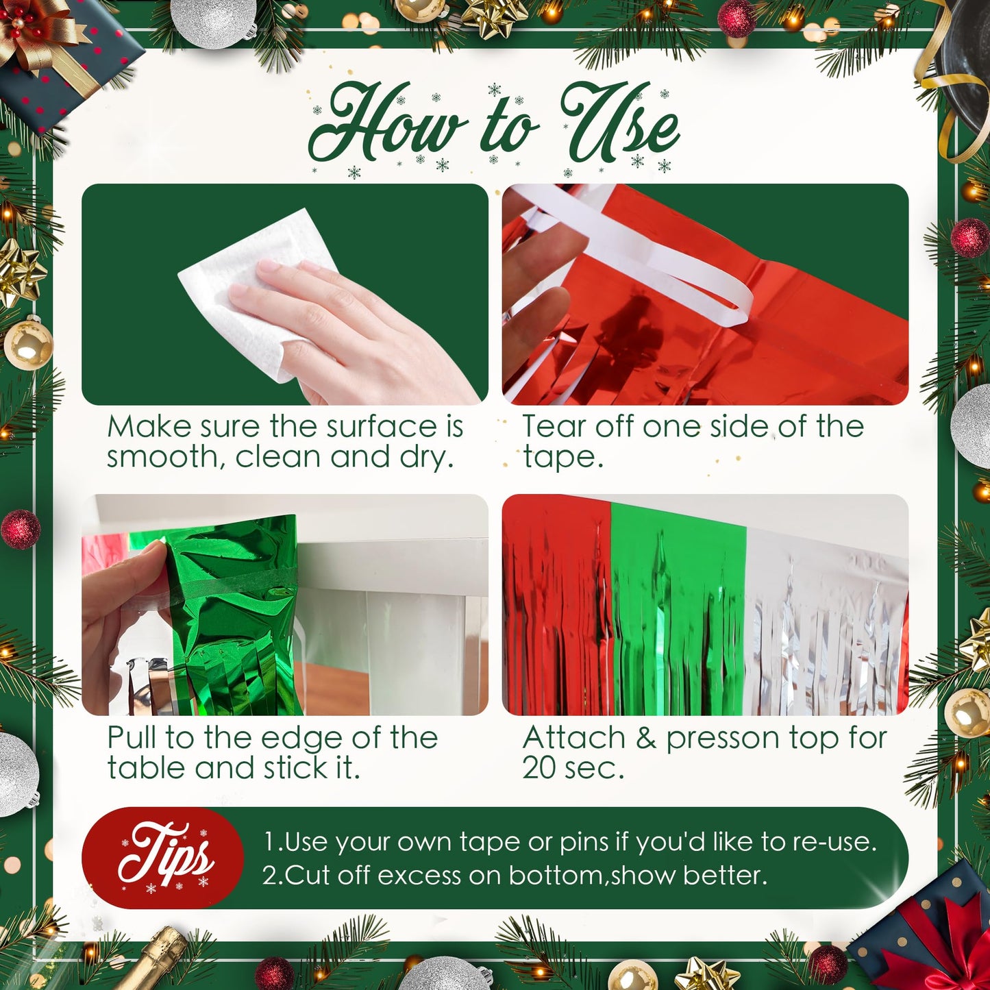 2 Pack Christmas Table Skirts, 29x108" Red & Silver & Green Metallic Foil Tinsel Fringe Table Skirts for Rectangle Tables Streamer Curtain Backdrop, Party Decoration for Xmas Birthday Wedding Holiday