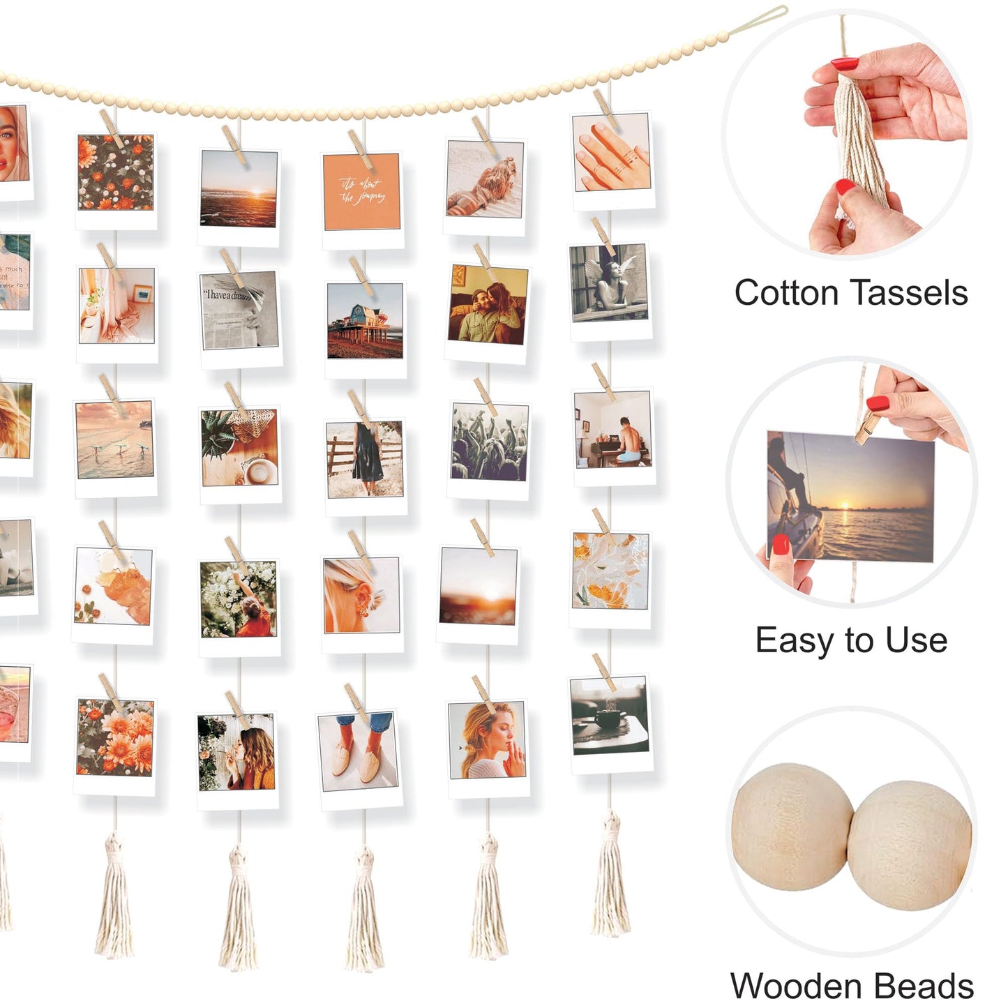 BIZYAC Hanging Photo Display with Clips Wall Boho Decor Beads Garland - Sculptural Picture Frames Collage - 30 Clothespins - 2 Non-Trace Hook - No Holes Drilling - 45 x 45 inch