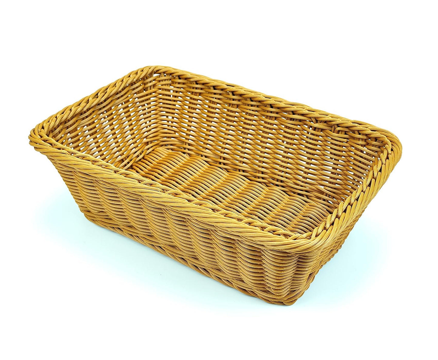 12" Poly Wicker Bread Basket, Hand Woven Food Storage Room Organizer, Fruits, Vegetables and Snacks Tabletop Food Serving Basket, Restaurant, Hotel Service, Brown