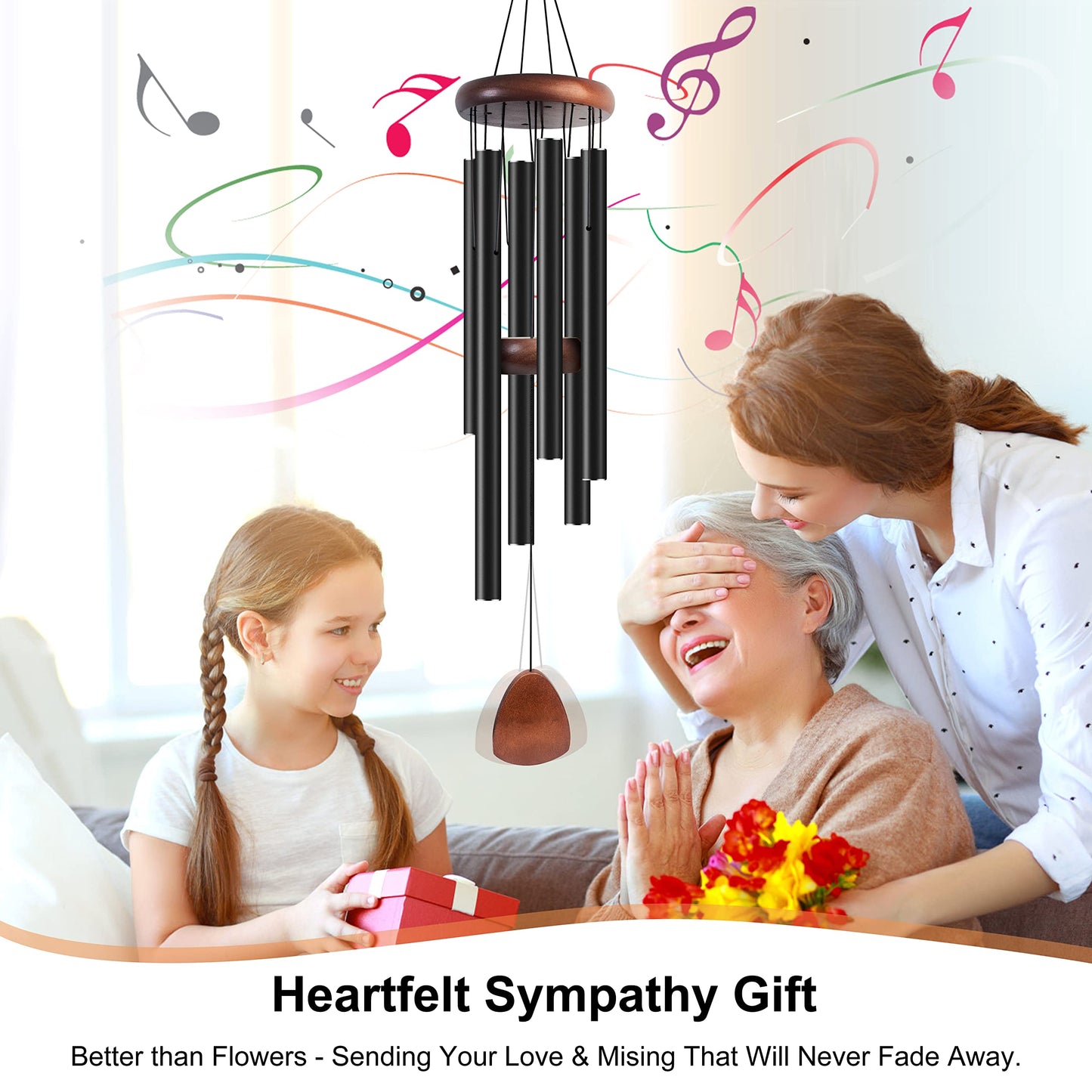 Bursvik Large Aluminium Wind Chimes 37" to Create a Zen Atmosphere Suitable for Outdoor, Garden, Patio Decoration. Classic Black Wind Chime with Wind Catcher Suitable as A Gift for Mom Neighbor Unisex