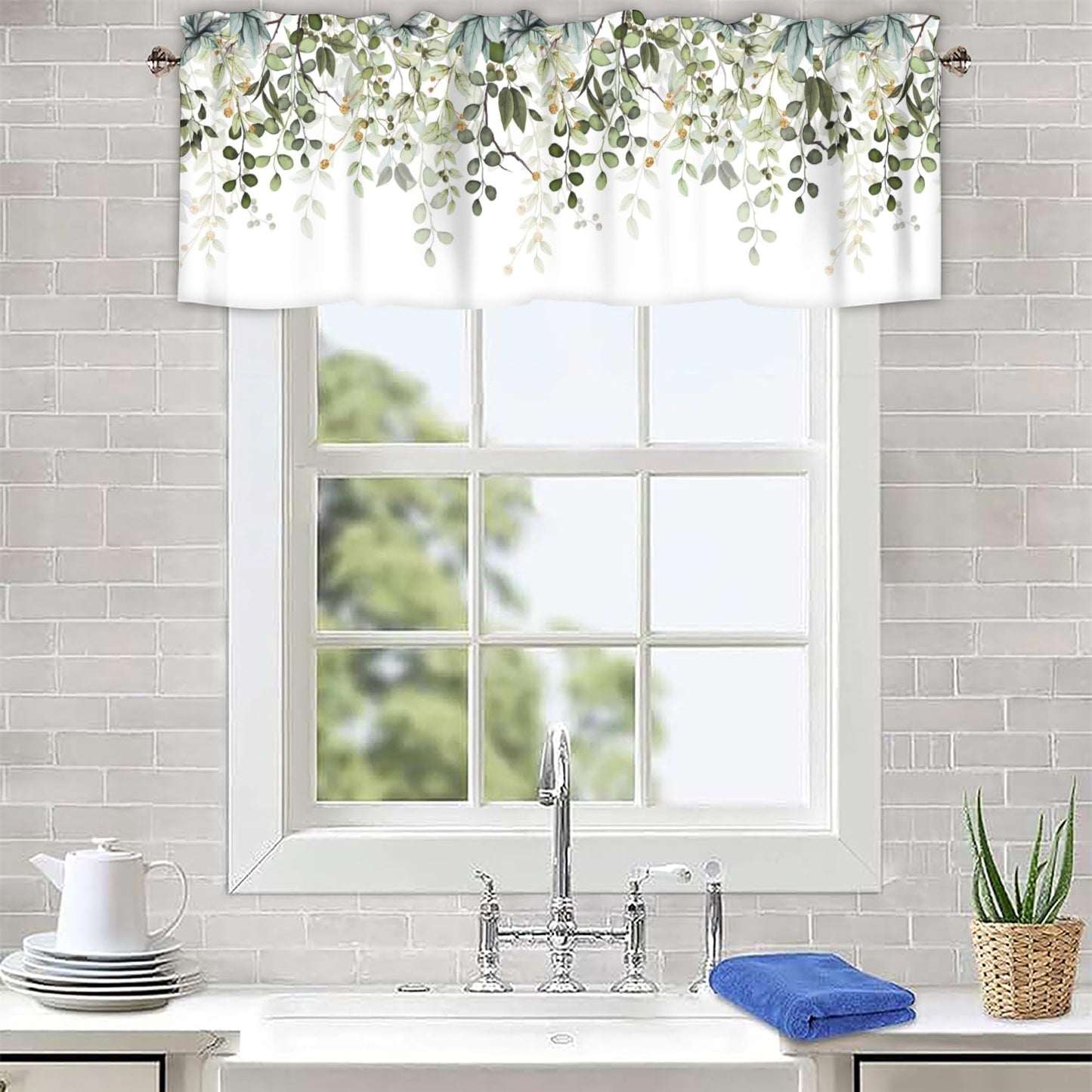 AYTTBIS Sage Green Eucalyptus Leaves Curtain Valance for Windows Watercolor Window Treatments 1 Panel Short Curtains for Kitchen Windows Bathroom Bedroom,42 x 12 Inch