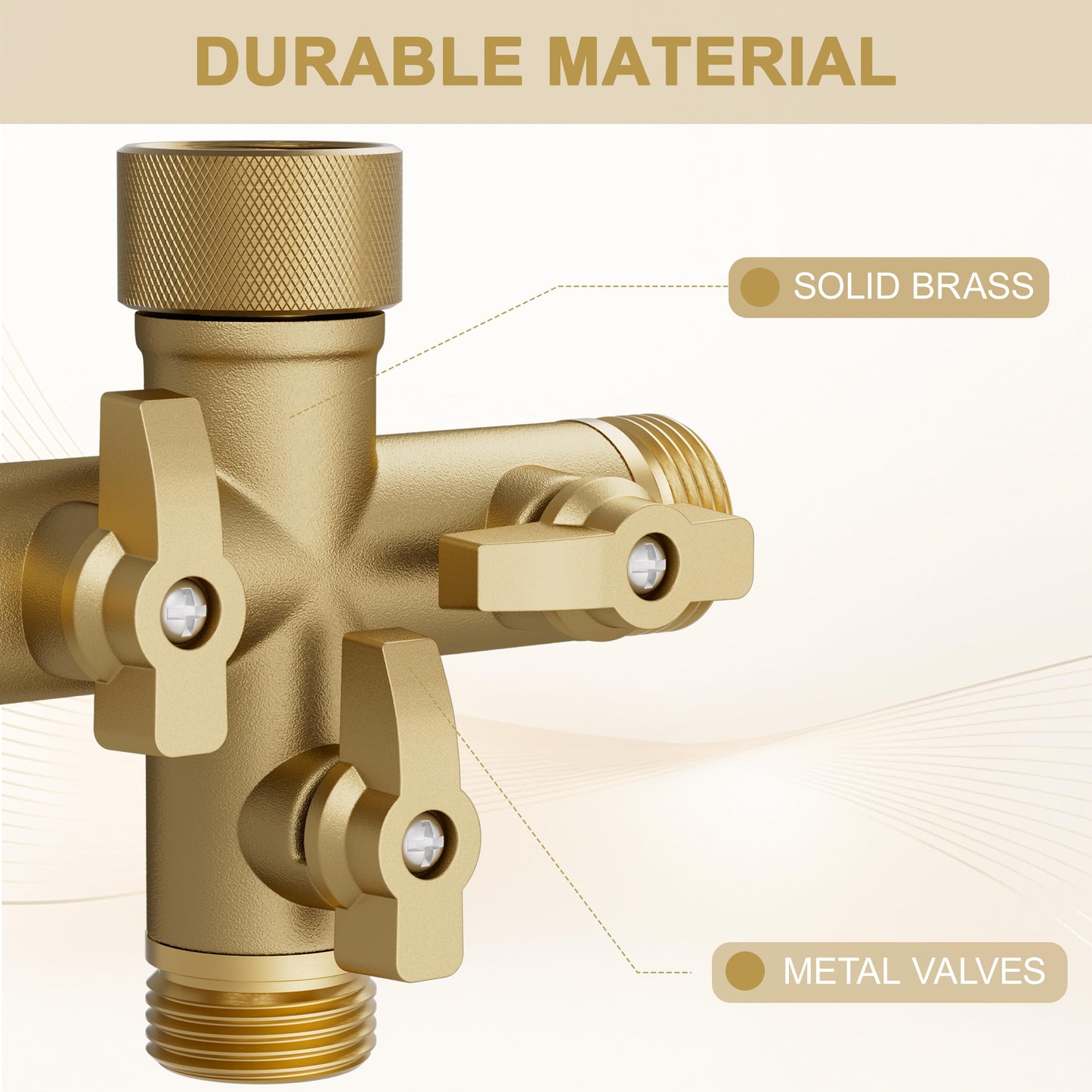 SANTONG Hose Splitter Solid Brass 3 Way + Type Outdoor Faucet and Water Spigot Connector with Shut-Off Valves, 4 Extra Silicone Washers Included