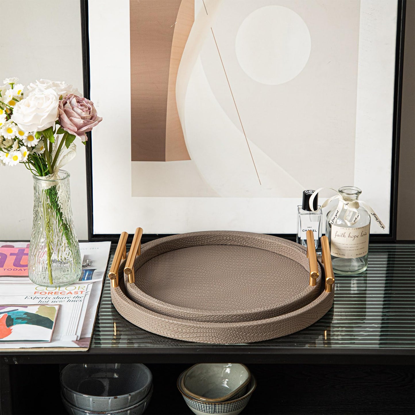 MACVAD 2 Piece Coffee Brown Round Serving Tray with Handles, Woven-Texture Faux Leather Ottoman Tray for Living Room, Decorative Tray for Coffee Table Home Decor