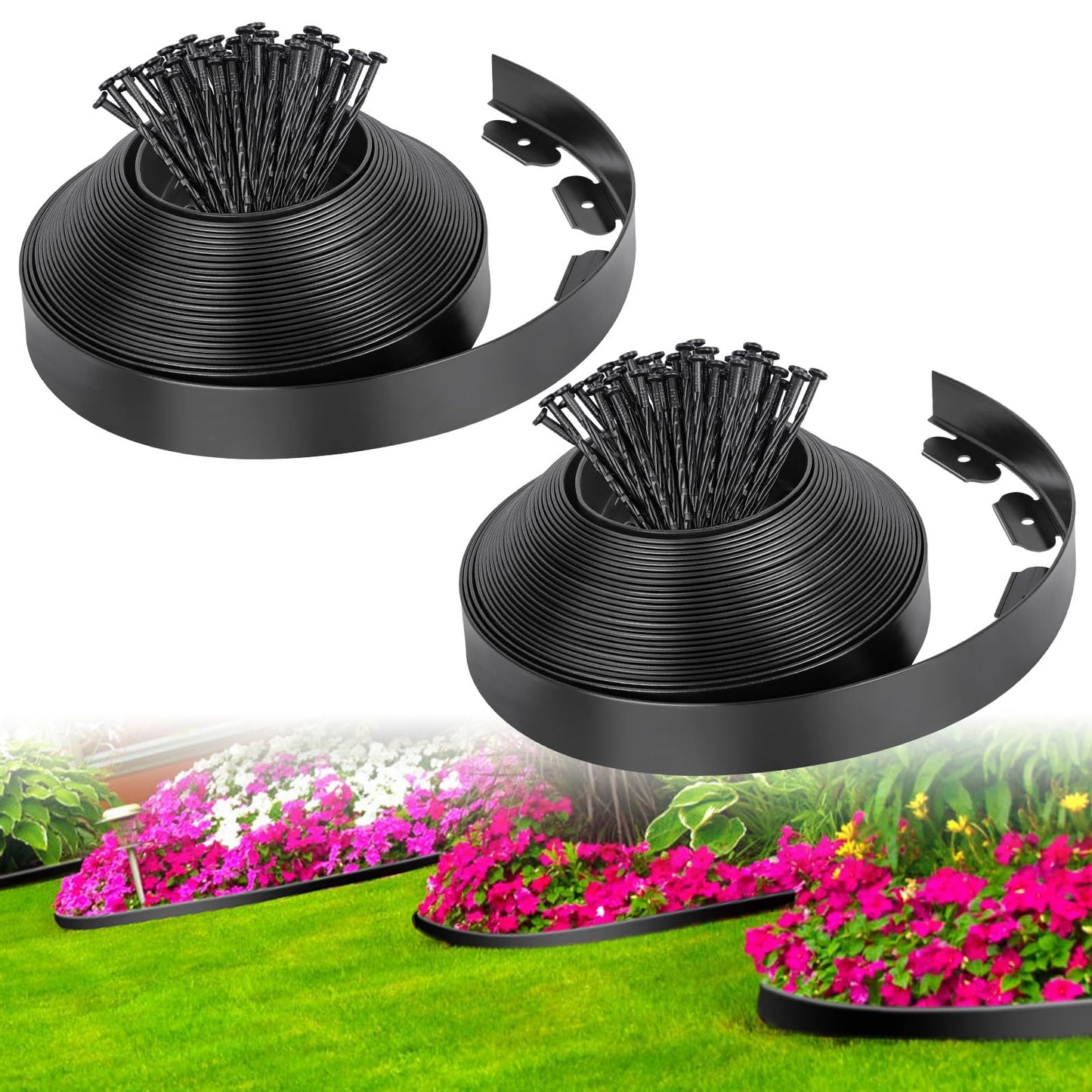 2-Inch x 66 FT Landscape Edging Border with 100 Spikes, No Dig Garden Border Edging Kit, Plastic Edging Border Flexible for Garden Flower Beds Lawn Yard Paver Pathway (Black)