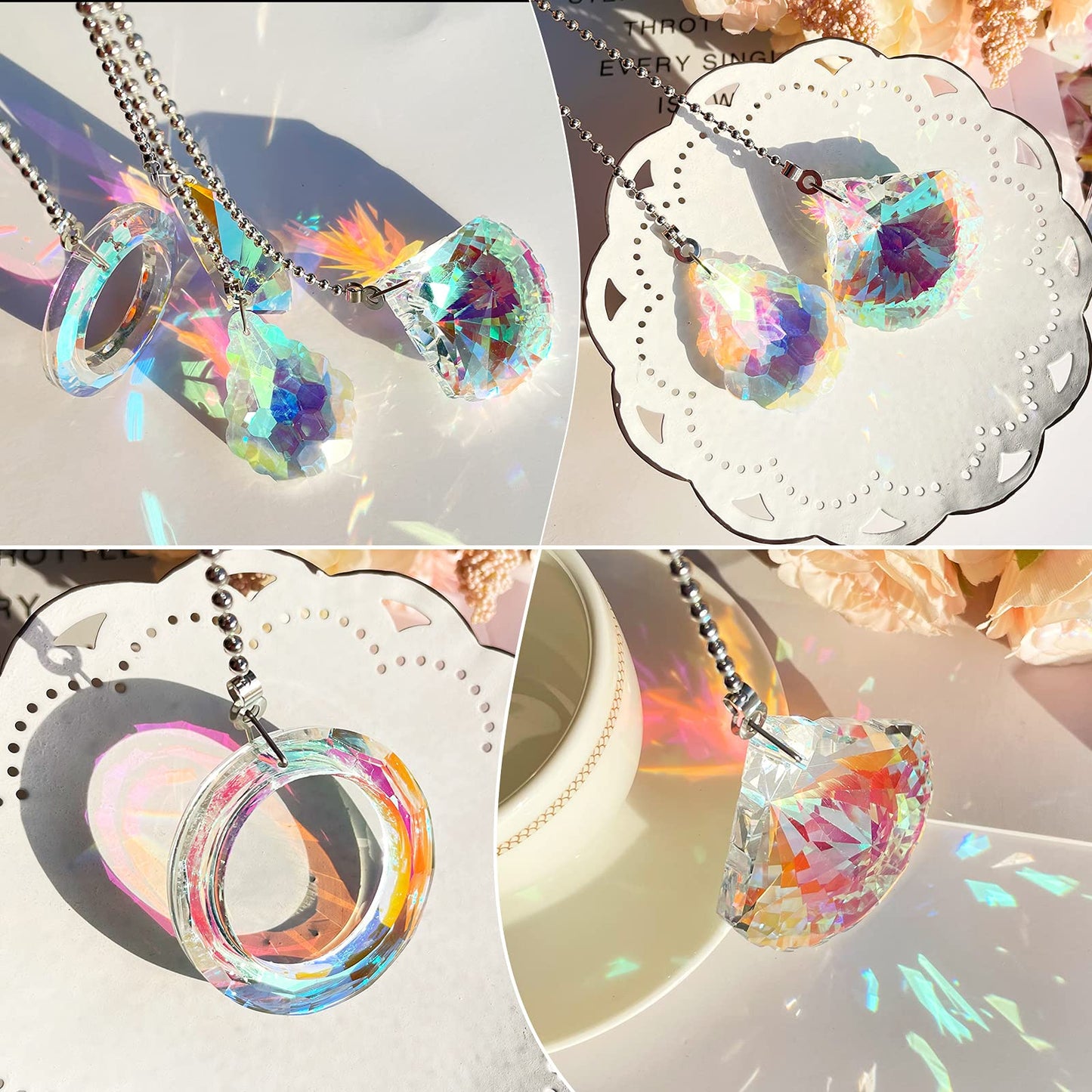 4 Pieces Crystal Ceiling Fan Pull Chain Decorative Rainbow Pull Chain Extension 20 Inch Ceiling Ornament with Ball Connector(Water Drop, Shell, Diamond, Ring)