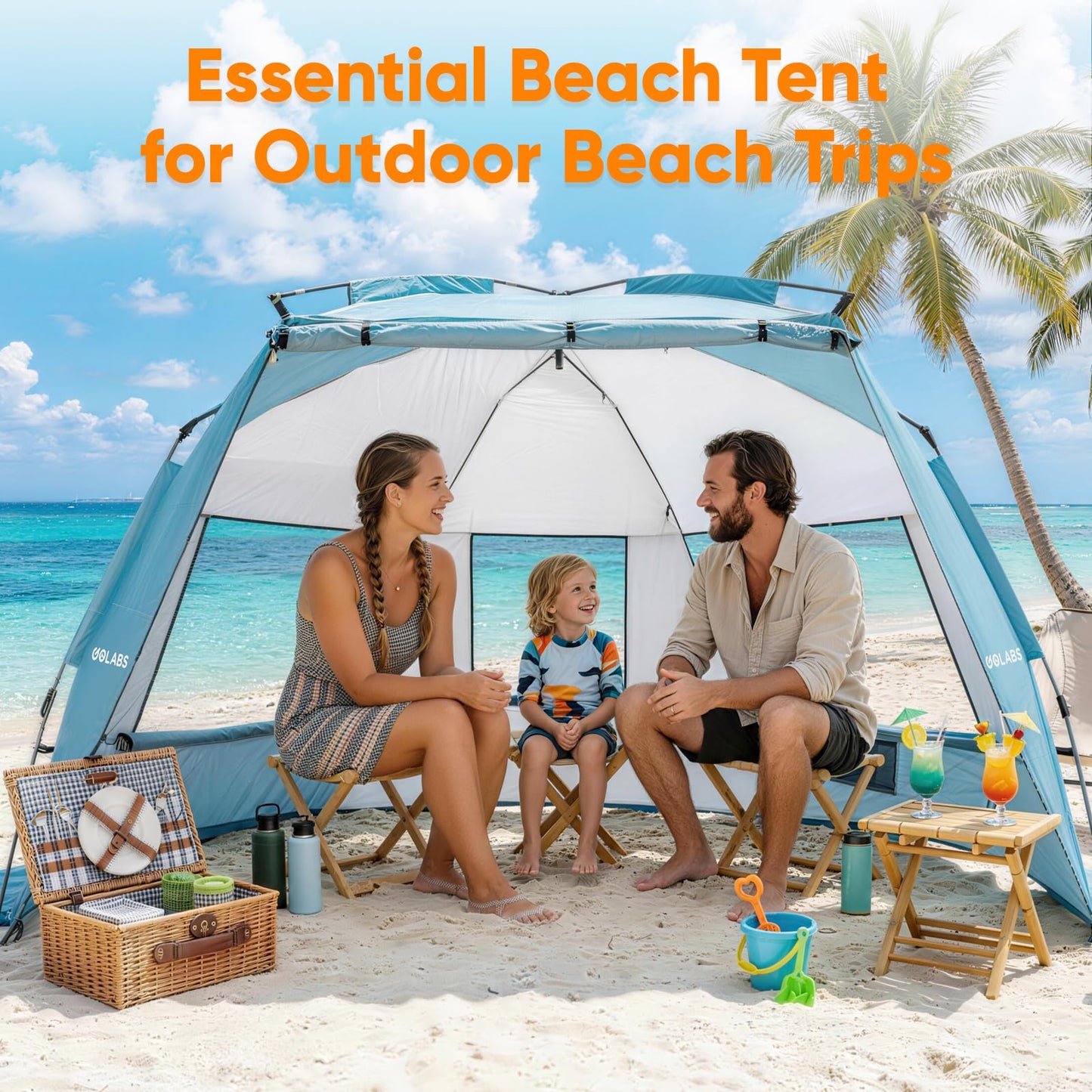 Golabs BT1 Pop up Beach Tent Sun Shelter for 3-Person, 1-Minute Setup by Pre-Attached Pole & UPF 50+, Beach Shade with Detachable Floor Mat, Mesh for Clear View & Airflow, only 7 lbs & Pocket and Hook