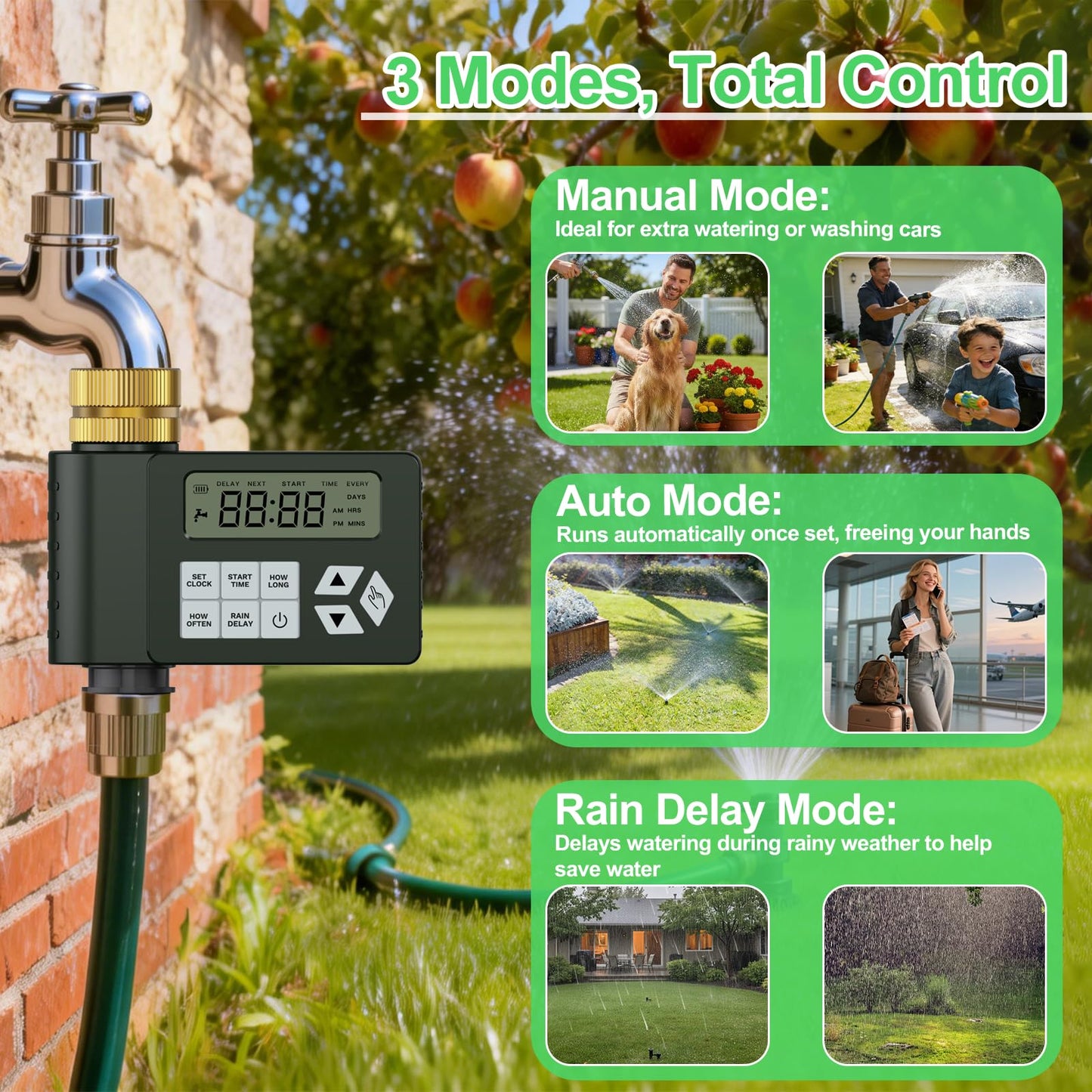 Hose Faucet Water Timer for Outdoor Garden with Brass Inlet, Ortis Programmable Sprinkler Timer with Rain Delay/Manual/Automatic Mode, IP67 Leak-Proof Design for Lawn Yard, 1 Outlet