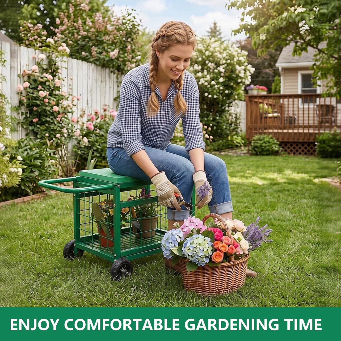 STARREY Garden Seat with Wheels, Rolling Garden Stool Heavy Duty Gardening Cart with Seat and 20 Quart Storage Space Use for Patio, Yard, and Outdoors