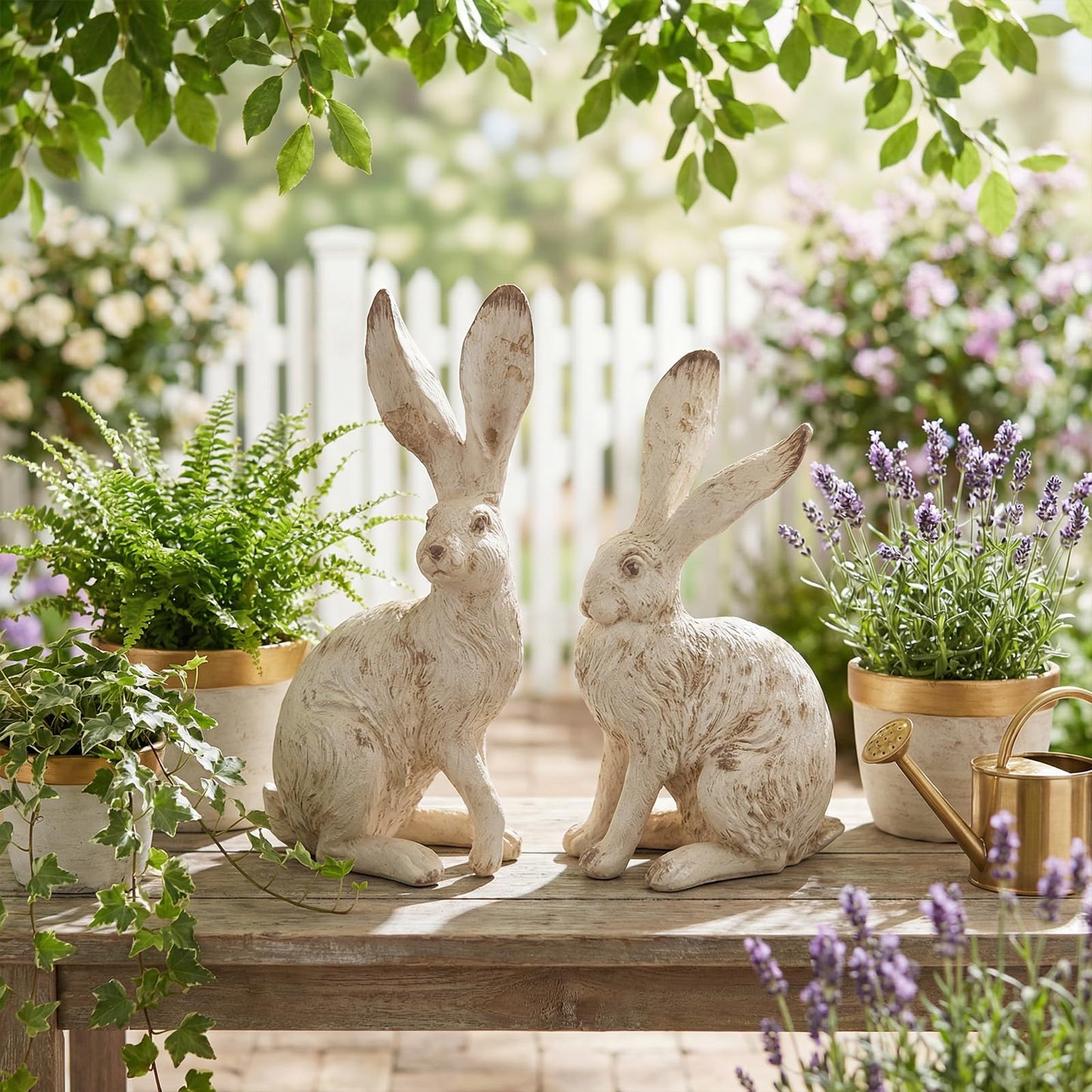 YimiBloss Easter Bunny Decorations Set of 2, 10 Inch Large Distressed Resin Rabbit Figurines, Spring Home Decor for Outdoor, Yard, Garden, Table，Farmhouse & Rustic Bunny Statues Decor Gifts (Large)