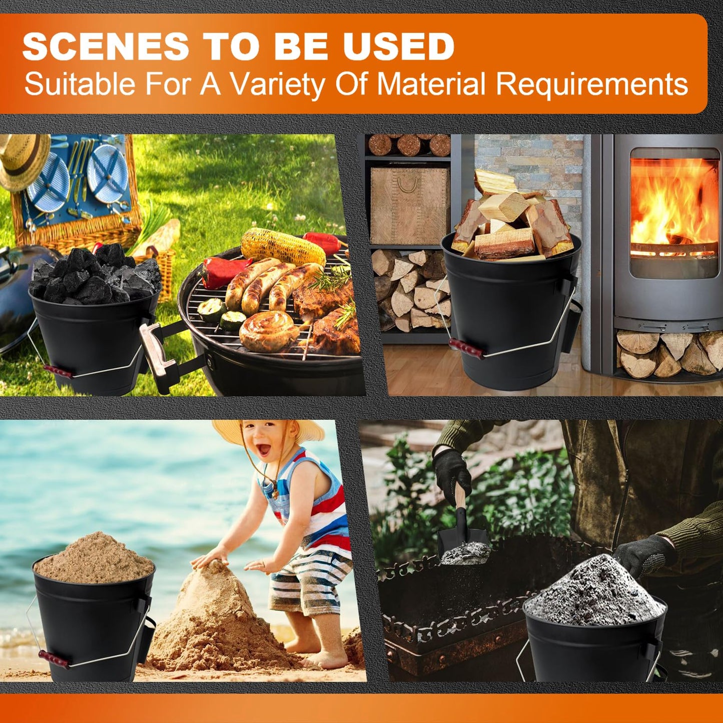 KEFIY 5.2 Gallon Ash Bucket with Lid and Shovel, Metal Fireplace Ash Bucket with Broom, Complete Fireplace Tools Set for Wood Stove and Fireplace