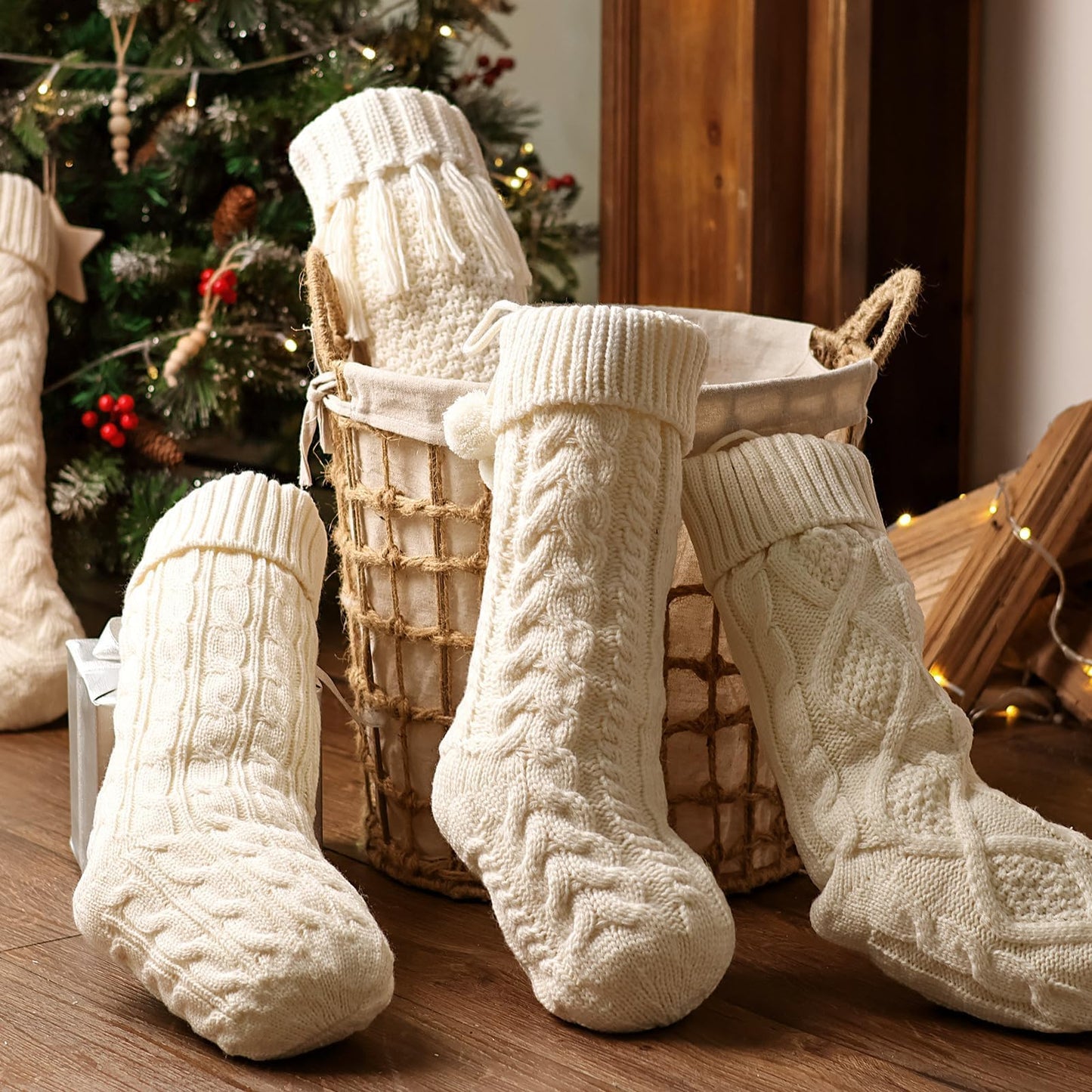 Farmhouse Knitted Personalized Christmas Stockings: 5 Pack 18 Inch Rustic Cable Knit Fireplace Cozy Hanging Xmas Stockings Boho Style Stocking Decorations for Family Holiday Décor, White Beige