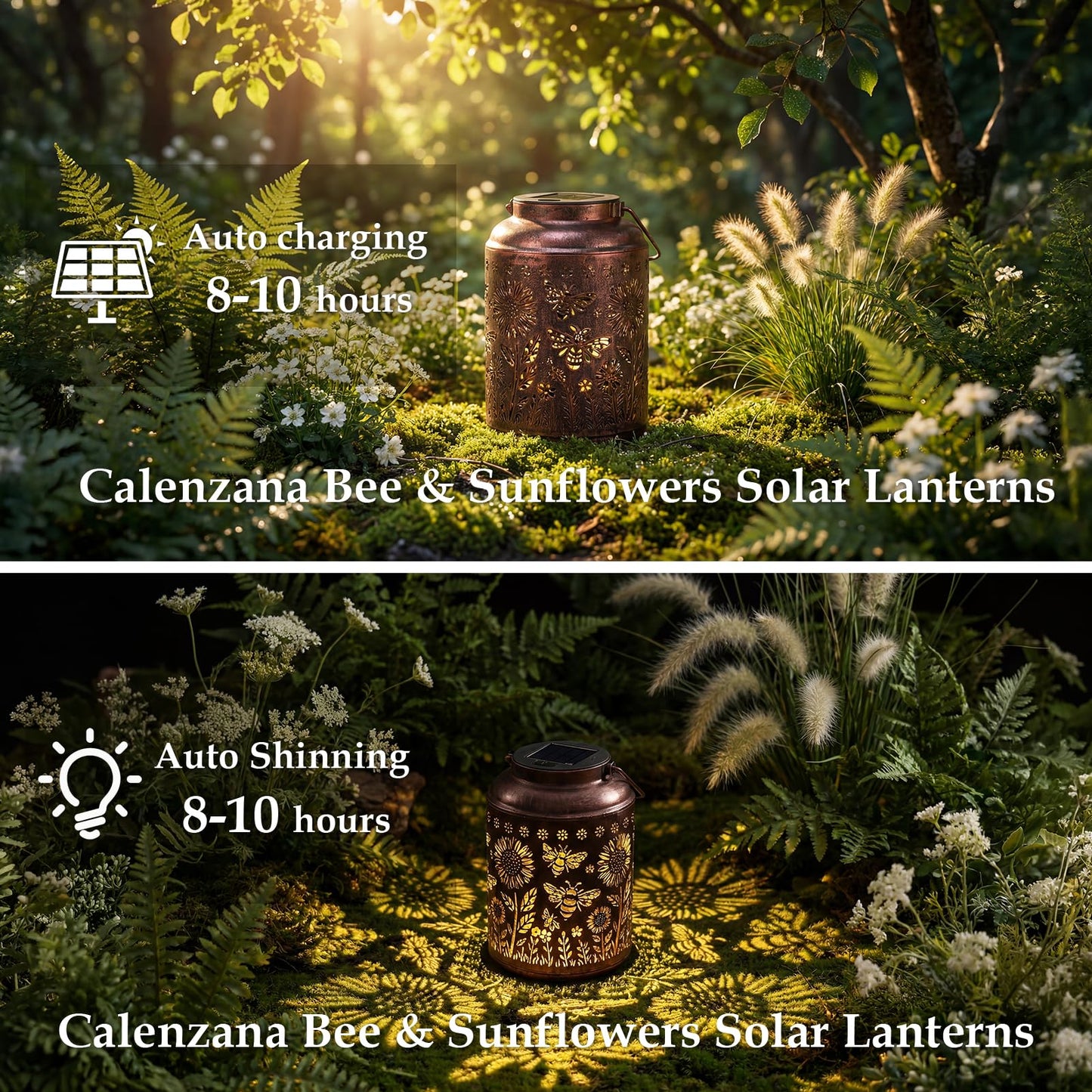 Calenzana Outdoor Waterproof Solar Lanterns Bee & Sunflower Hanging Solar Garden Light, Christmas Birthday Gifts for Women Mom Grandma, Metal Solar Decoration Outside for Yard, Patio, Backyard, Porch