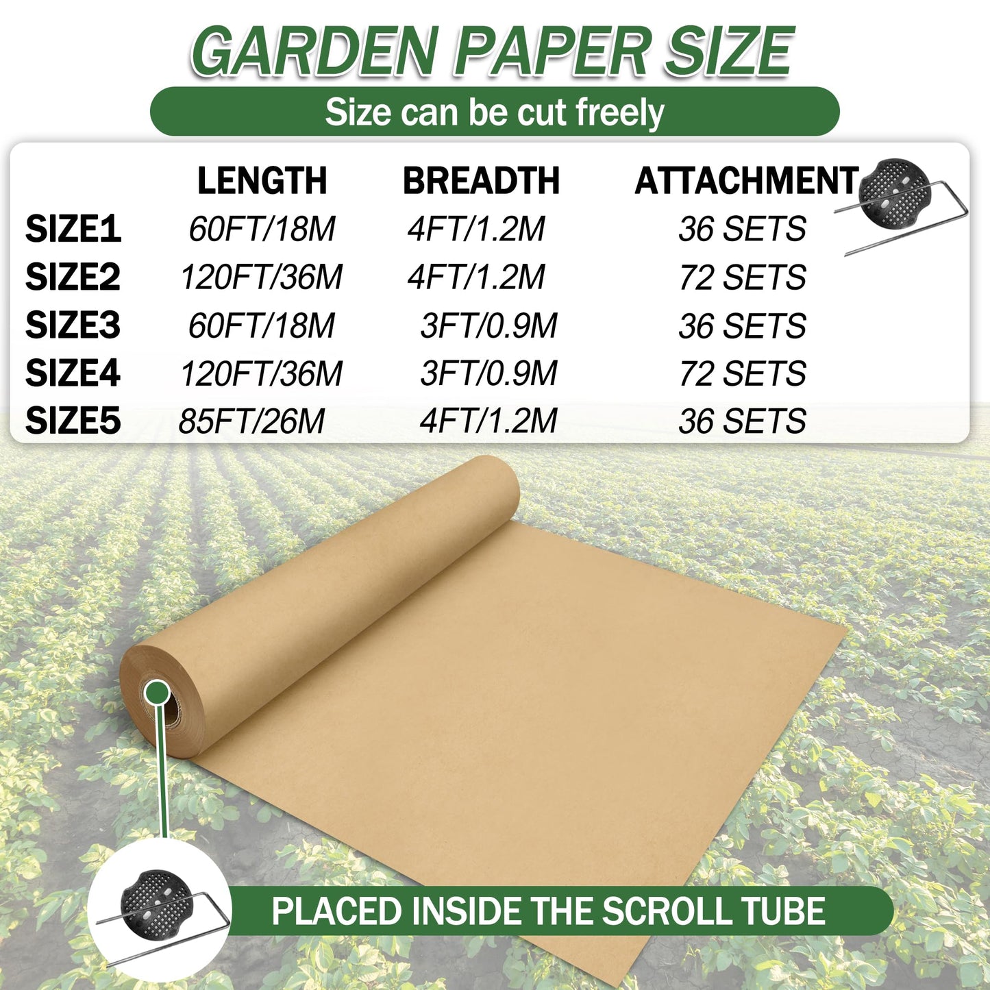 120 x 4 Ft Biodegradable Paper Weed Barrier, Garden Paper Weed Barrier with U-Shaped Ground Nails, Biodegradable Landscape Fabric, Weedguard Plus Paper Mulch for Weed Control & Holds Soil Moisture