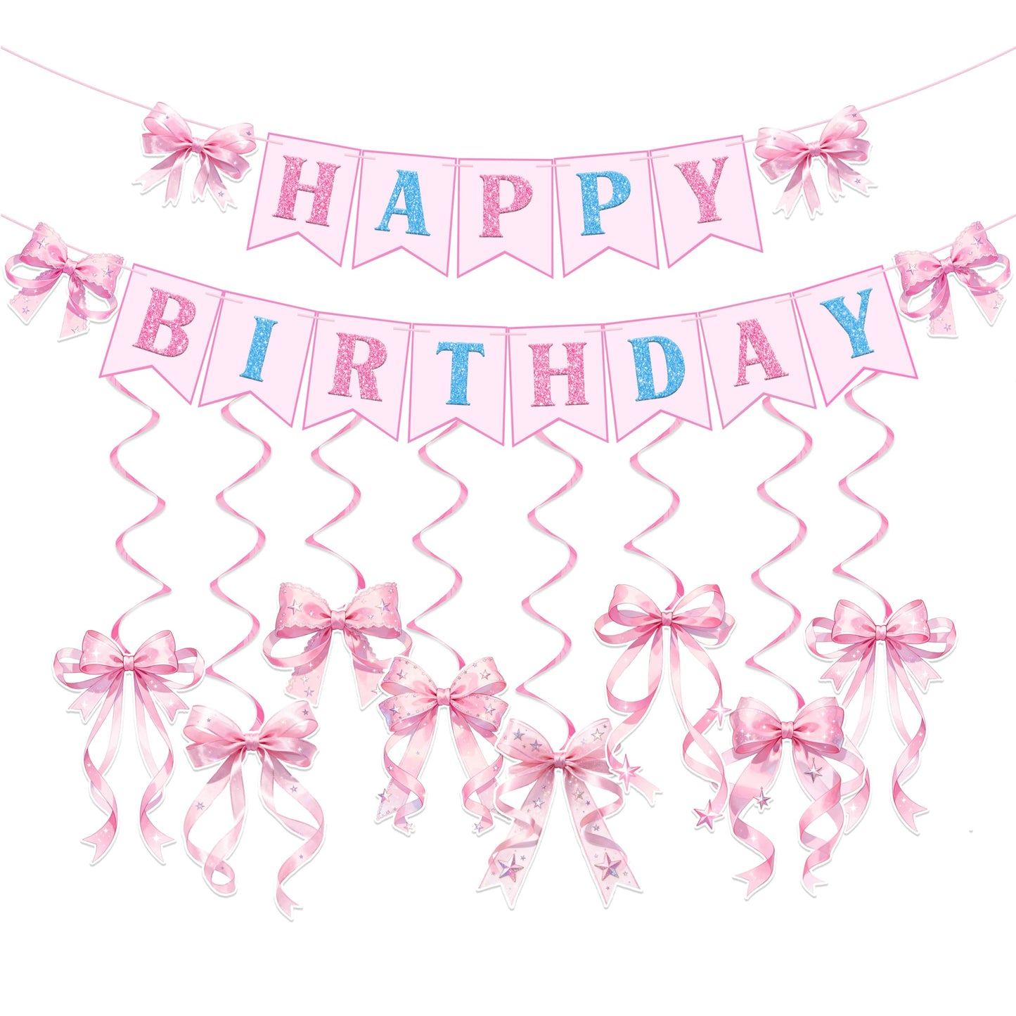 Pre-strung Pink Bow Happy Birthday Decorations - Happy Birthday Banner and Pink Bow Hanging Swirls Kit Decor for Girls Women Room Bachelorette Party