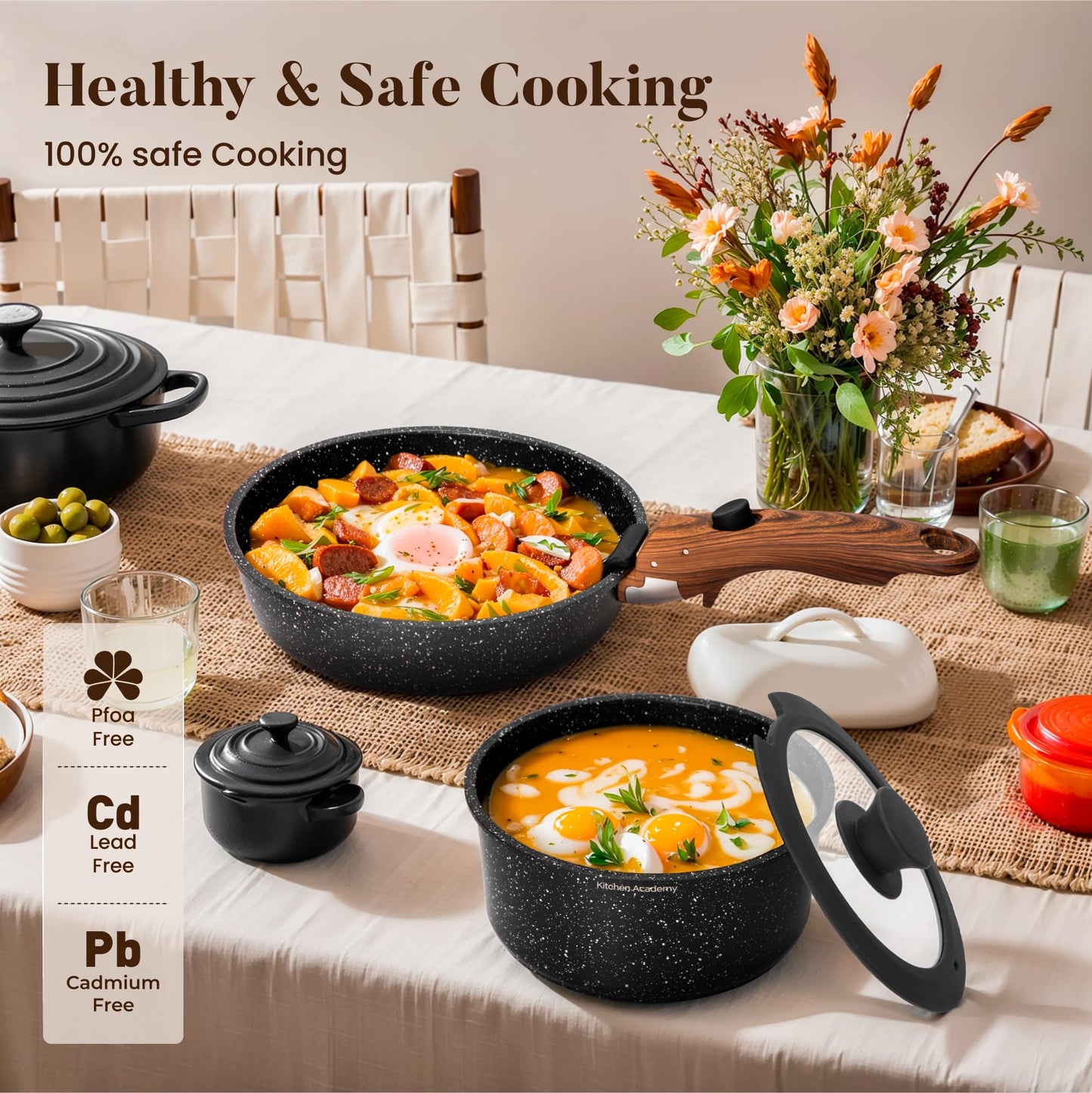 Kitchen Academy Removable Handle Induction Pots and Pans Set - 10 Piece Non-stick Cookware Sets, Black Granite Stackable RV Cookware for Camp
