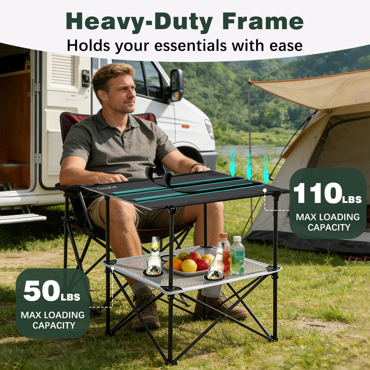 SUNNYFEEL Folding Camping Table- Collapsible Portable Beach Table with 4 Cup Holders & Carry Bags, Tailgate Table for Outdoor Excursion Picnic Hiking Fishing Travel Parties, Black