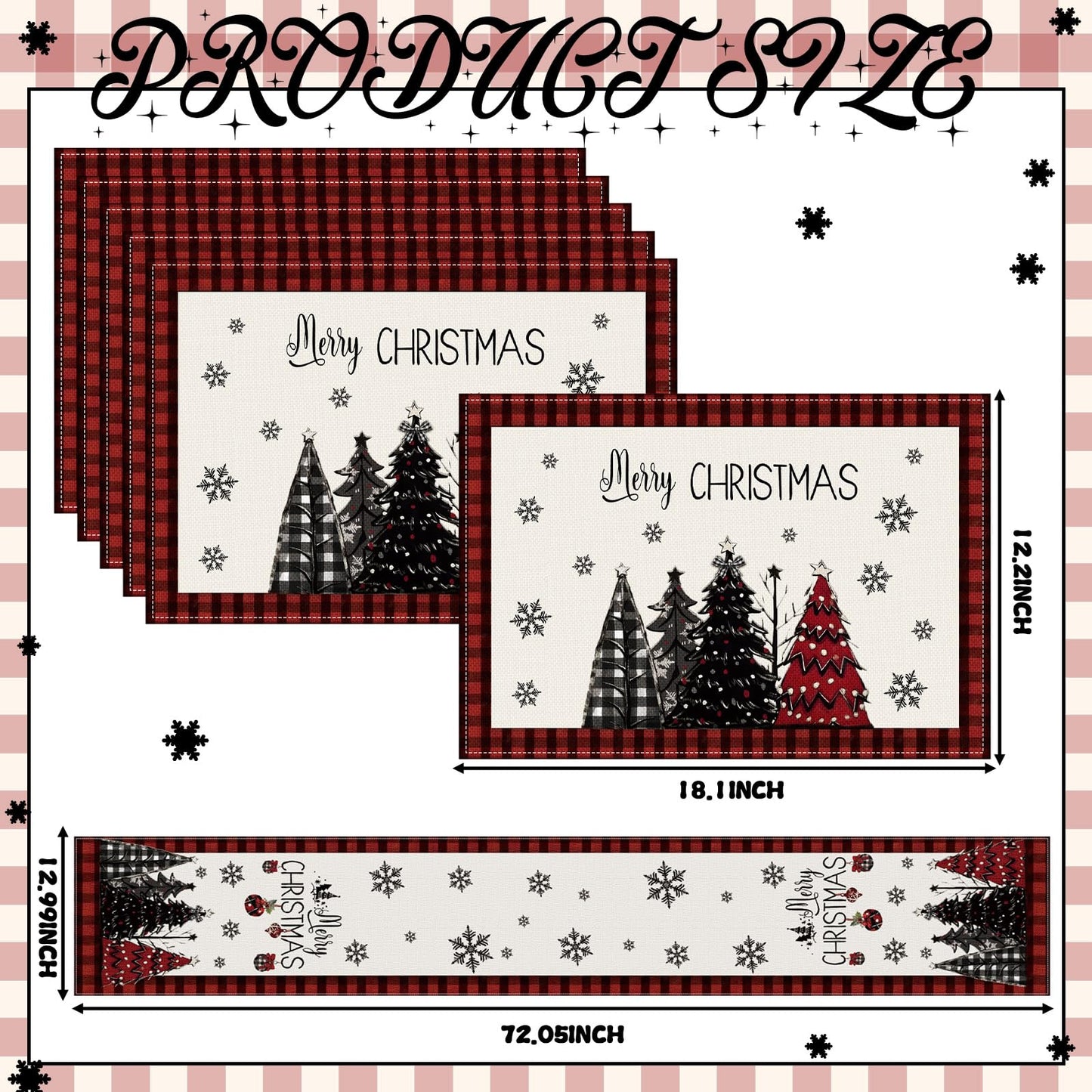 Patelai 7 Pcs Christmas Table Runner and Placemats Set Merry Christmas Buffalo Plaid Table Runner Xmas Placemats Red Black for Holiday Kitchen Dining Room Decor Party Wedding Decoration