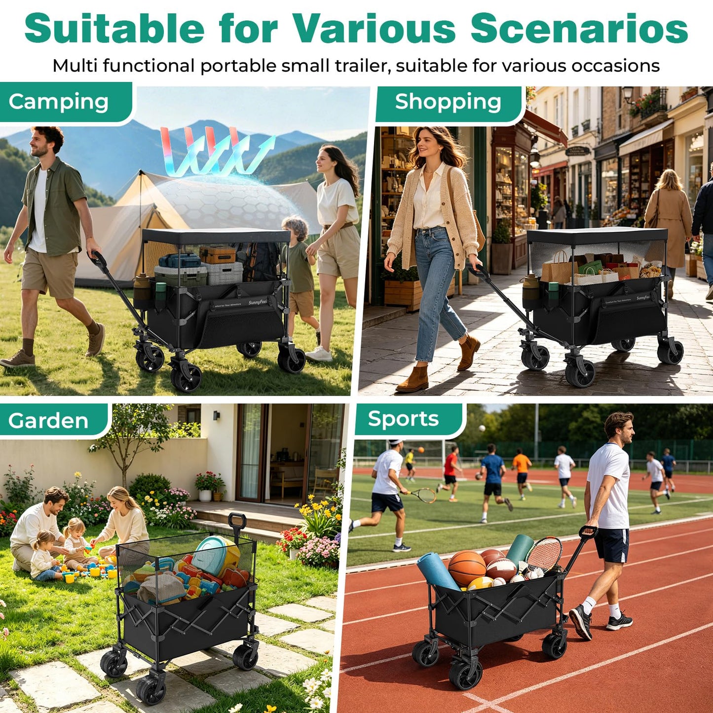 SUNNYFEEL 445L Extra Large Folding Wagon Cart with Canopy, 440 LBS Heavy Duty Collapsible Utility Cart with All-Terrain Wheels, 3-in-1 Portable Wagon for Garden, Groceries, Camping, Beach, Shopping